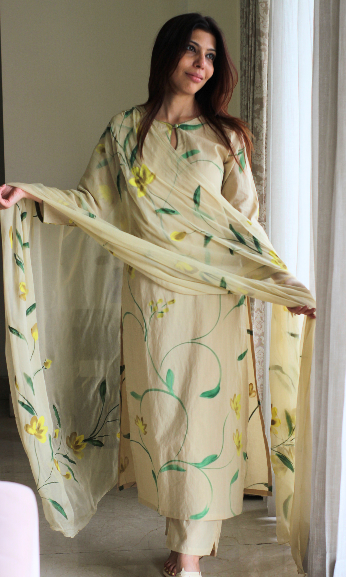 Cotton Beige & Yellow Handbrush Painted Kurta, Pant & Chiffon Handpainted Dupatta