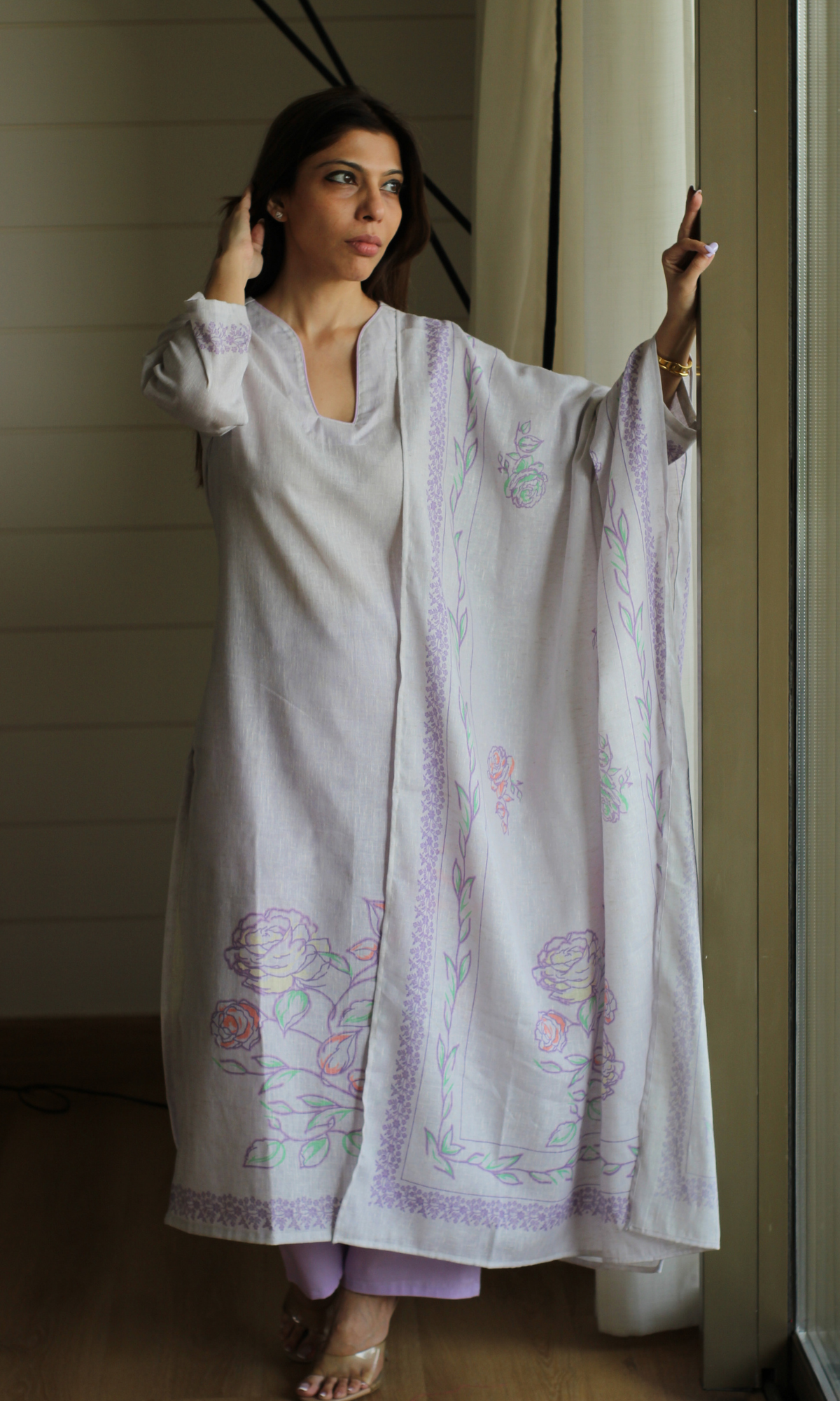 Soft Lavender Linen Blend Printed Kurta, Dupatta & Cotton Pants