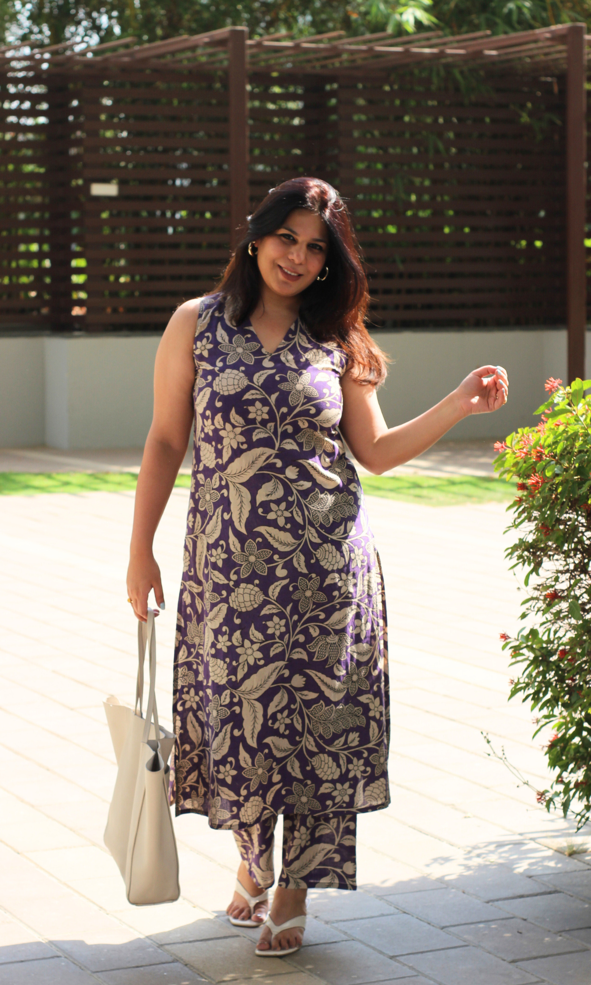Cotton Handblock Purple Kalamkari phool print A line Kurta & Pants