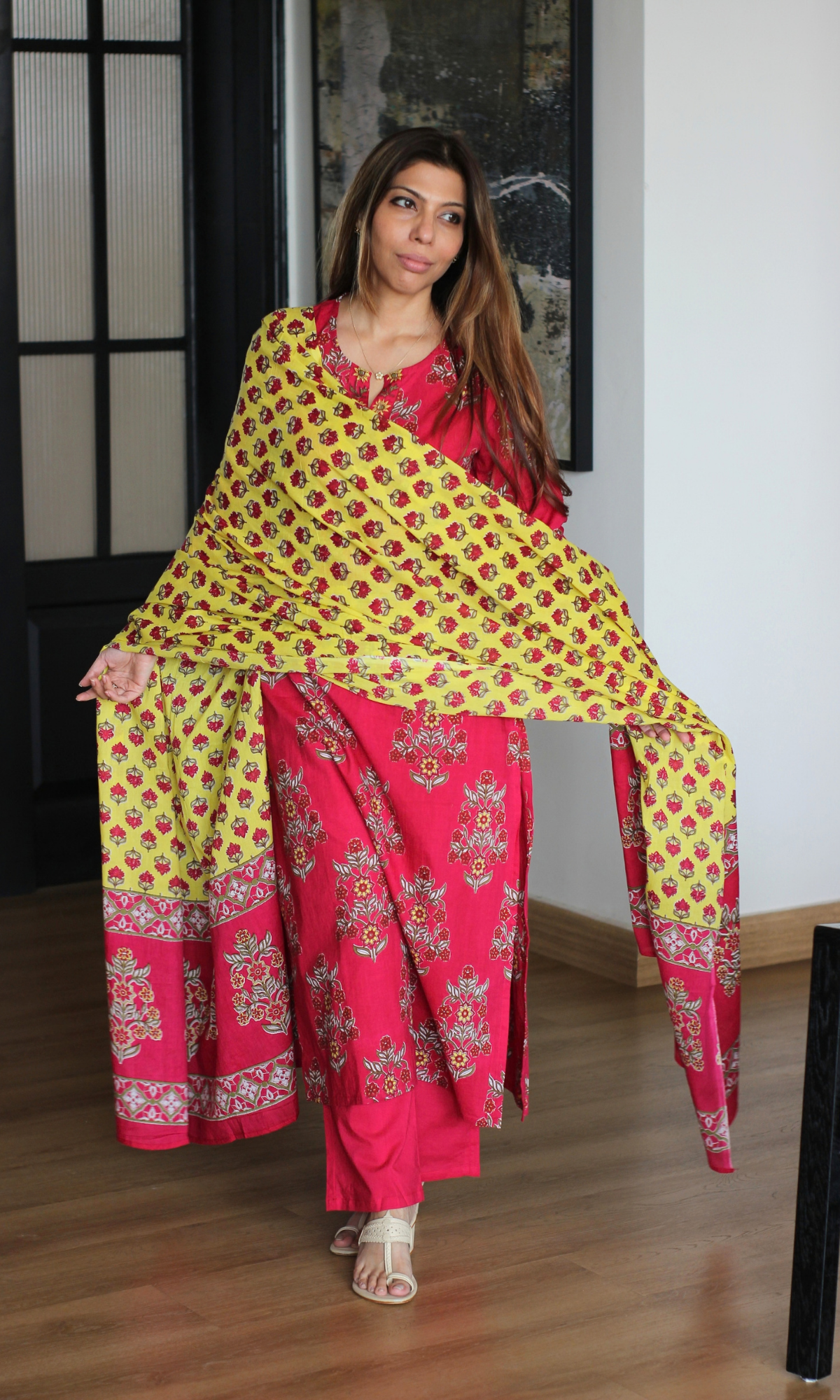 Magenta Mughal Print Kurta , Dupatta & Cotton Pants