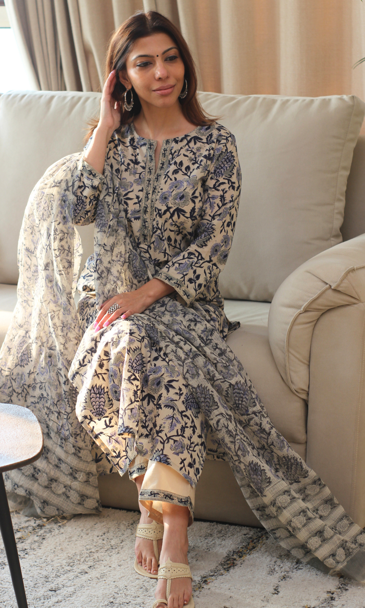 Saira Neelam Kalamkari Print Kurta, Kota Dupatta & Cotton Pants