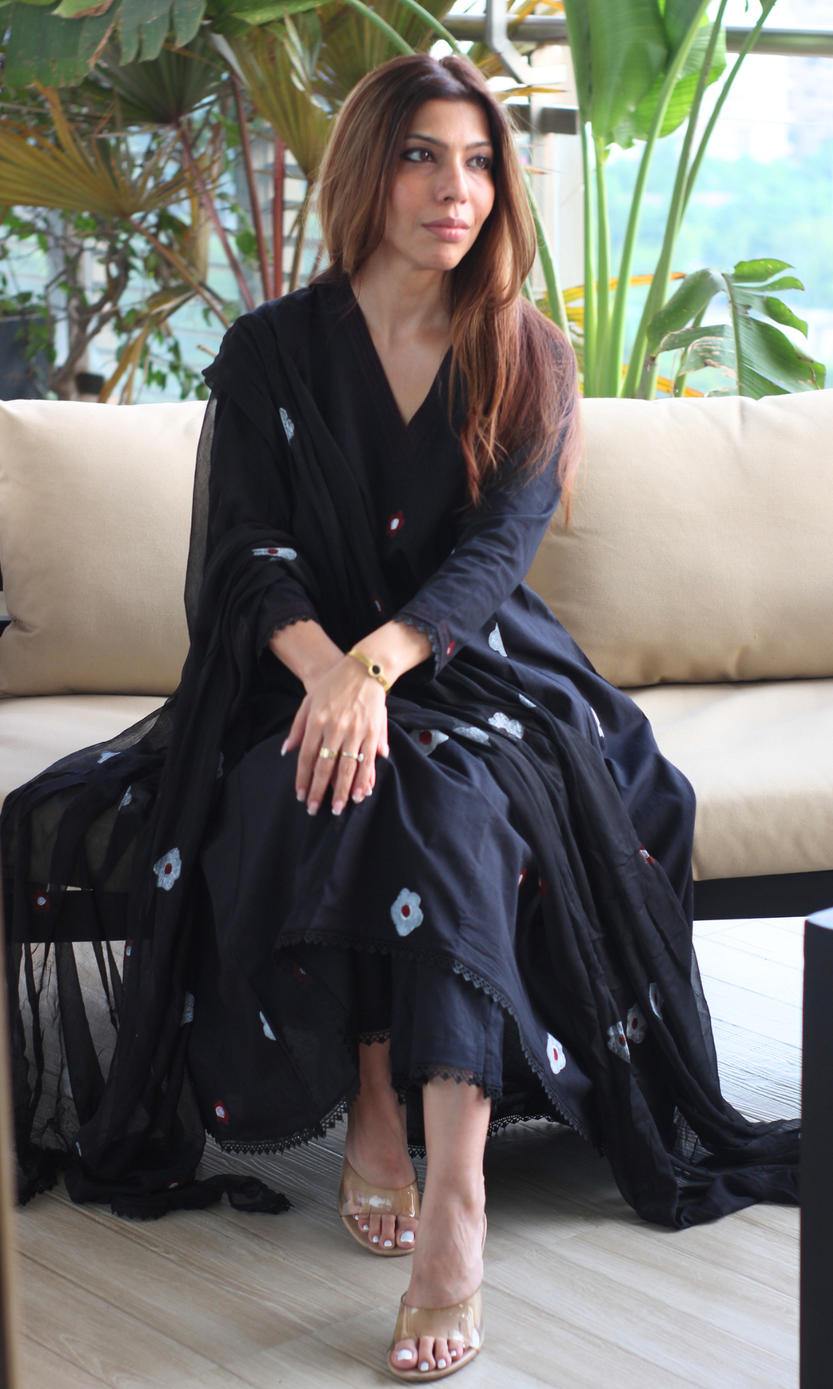 Florence Black A line Kurta with lace , Cotton Pants & Chiffon handpainted dupatta – Baareeki