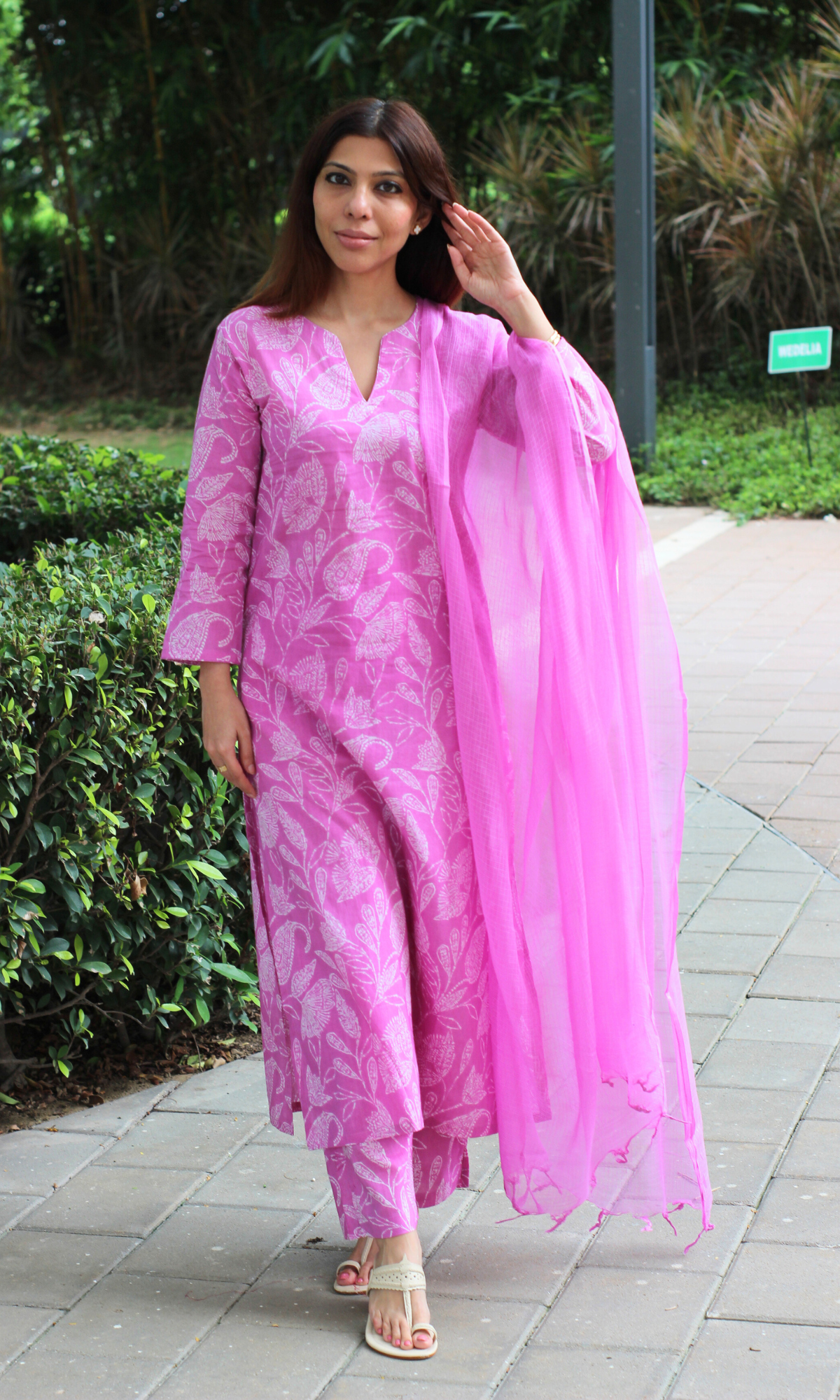 Pink Paisley Printed Cotton Kurta, Pant & Kota Doria Dupatta