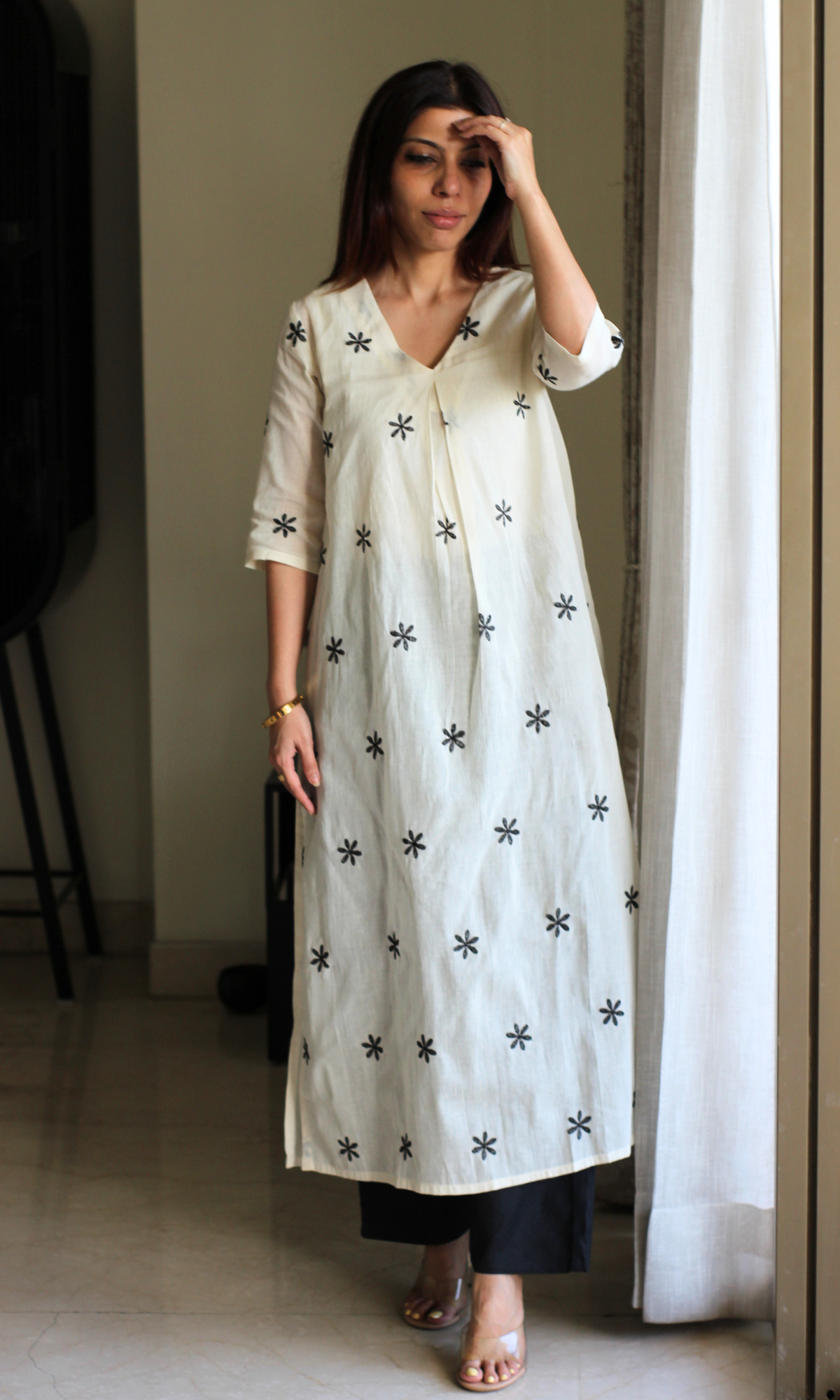Kora Black Flowers Embroidered Pleated Kurta & Pants