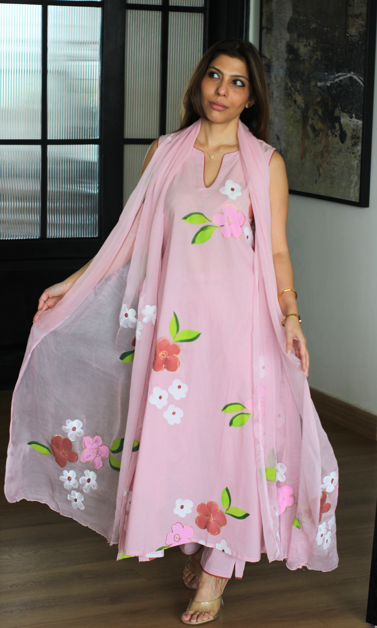 Daphne Pink Handbrush Painted A cut Sleeveless Kurta, Chiffon Dupatta & Cotton Pants