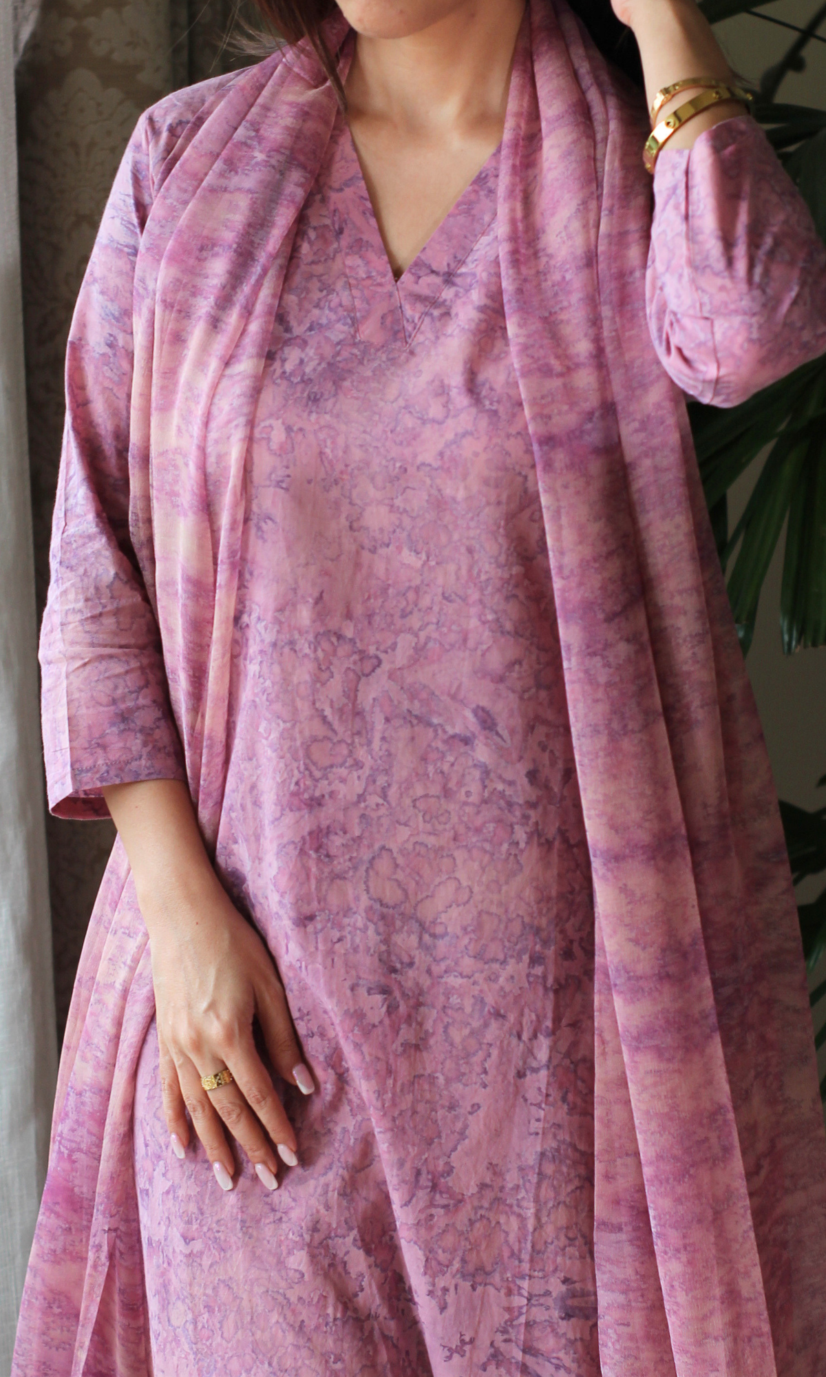 Cotton Dusty Mauve African Shibori Kurta, Chiffon Dupatta & Cotton Pants