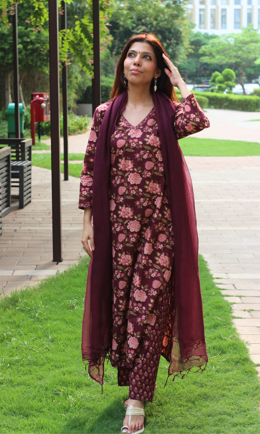 Cotton Wine Flora Print Kurta, Pant & Kota Doria Dupatta