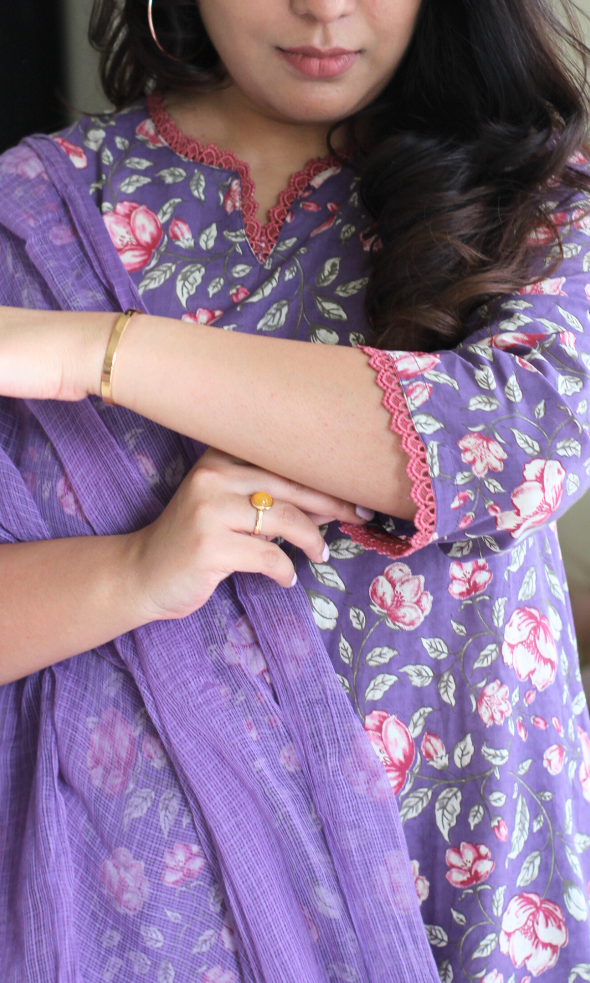 Purple Printed Laced Kurta, Pant with Kota Doria Dupatta