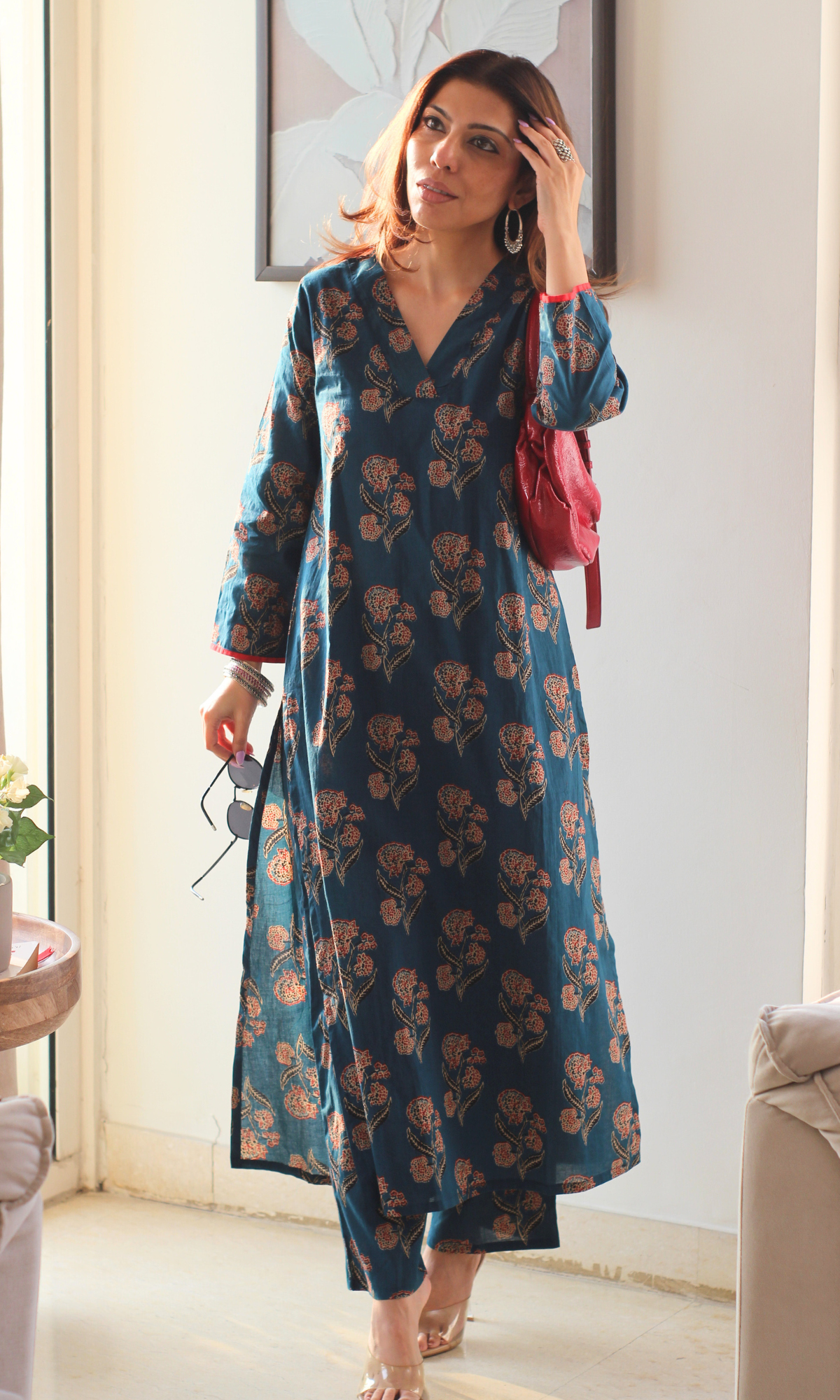 Cotton Teal & Red Boota Kurta & Pants