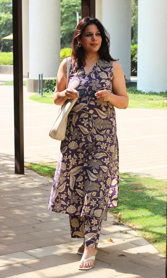 Cotton Handblock Purple Kalamkari phool print A line Kurta & Pants
