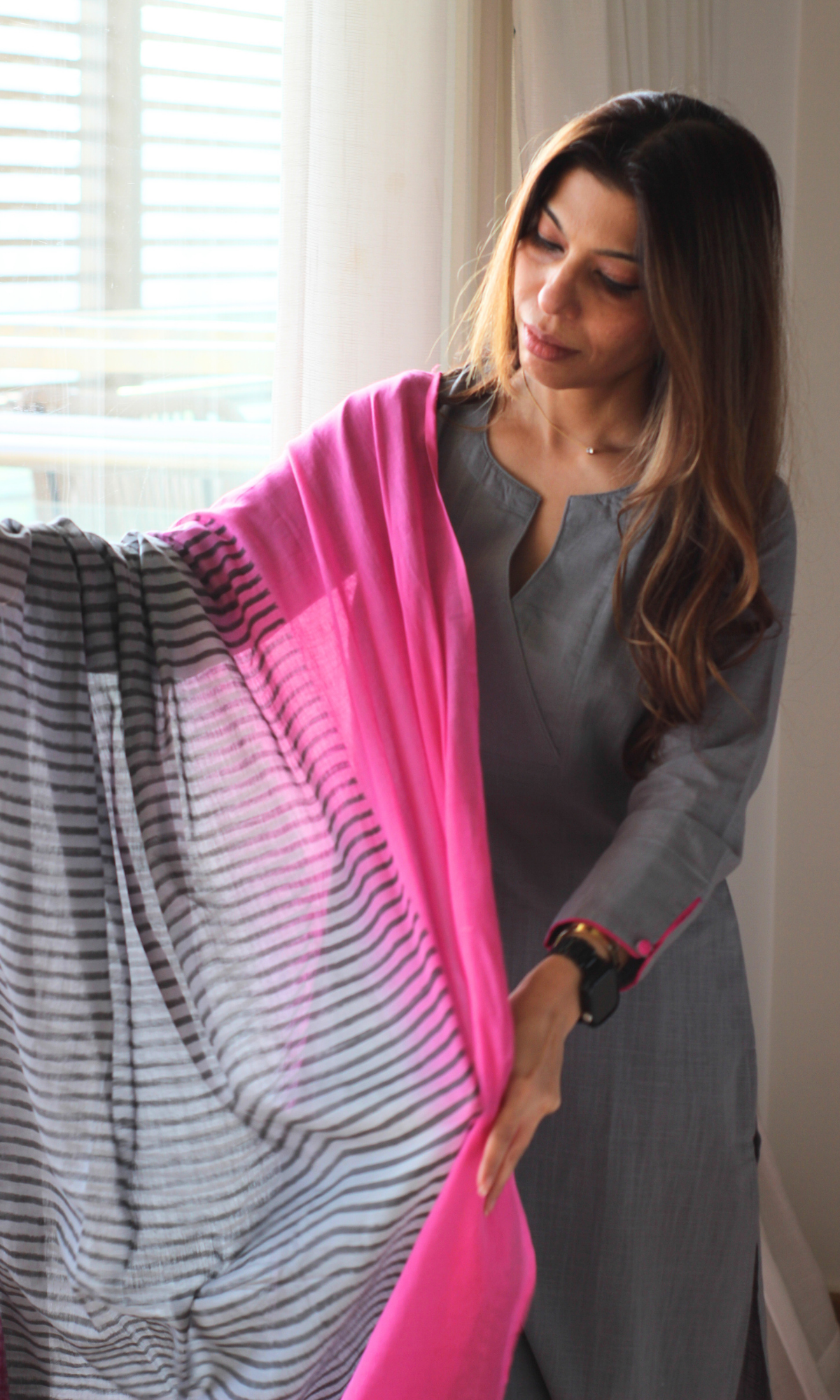 Steel Slub Kurta, Pants & Cotton Block Print Dupatta