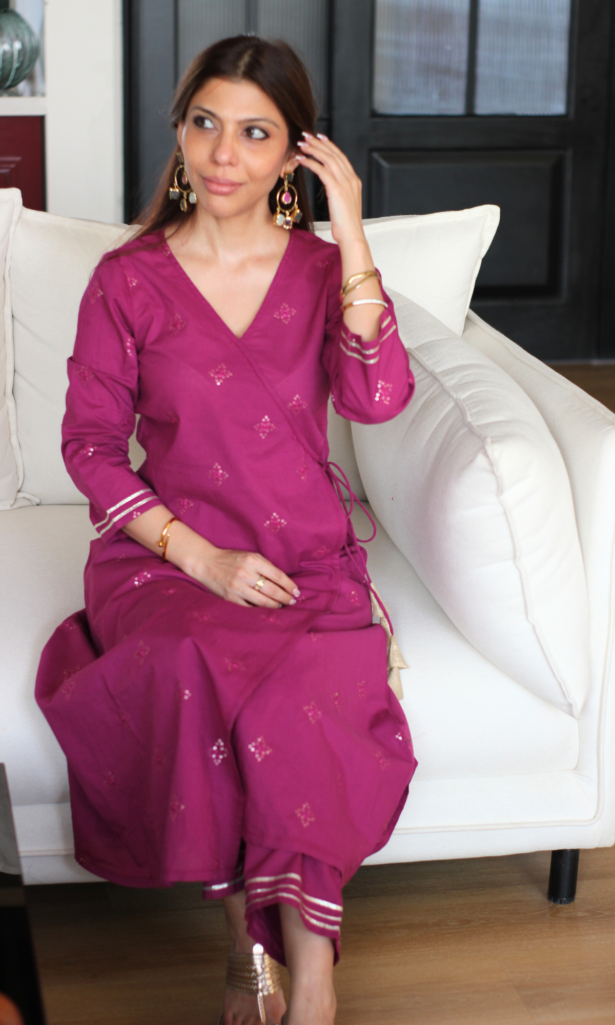 Mulberry Embroidered Cotton Angrakha Kurta & Pants