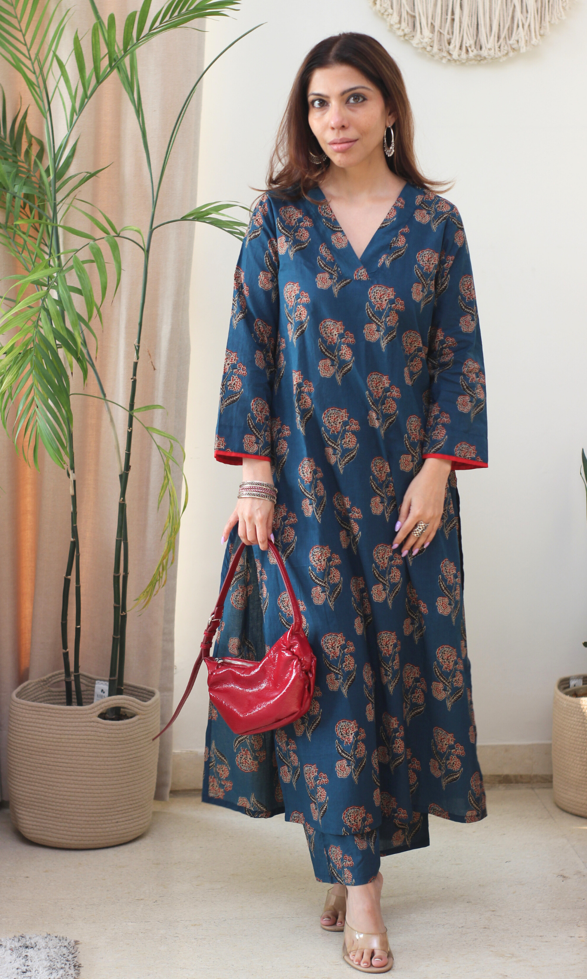 Cotton Teal & Red Boota Kurta & Pants