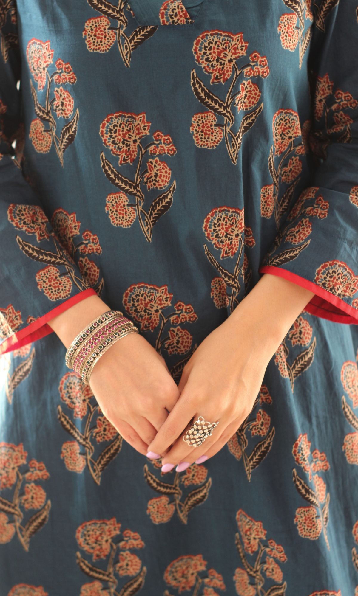 Cotton Teal & Red Boota Kurta & Pants