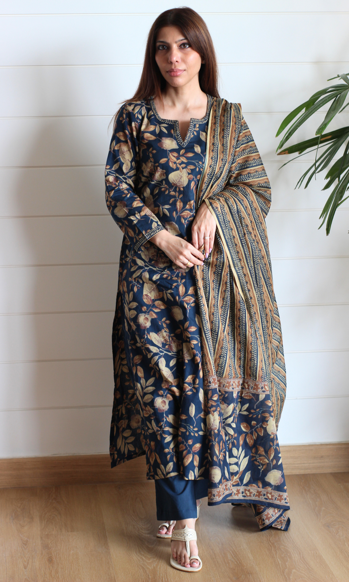 Navy Autumn Print Cotton Kurta, Pants & Printed Dupatta