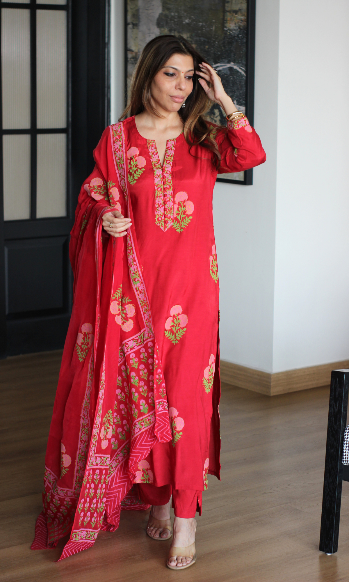 Lal Ishq Muslin Block Print Kurta, Pant & Organza Dupatta