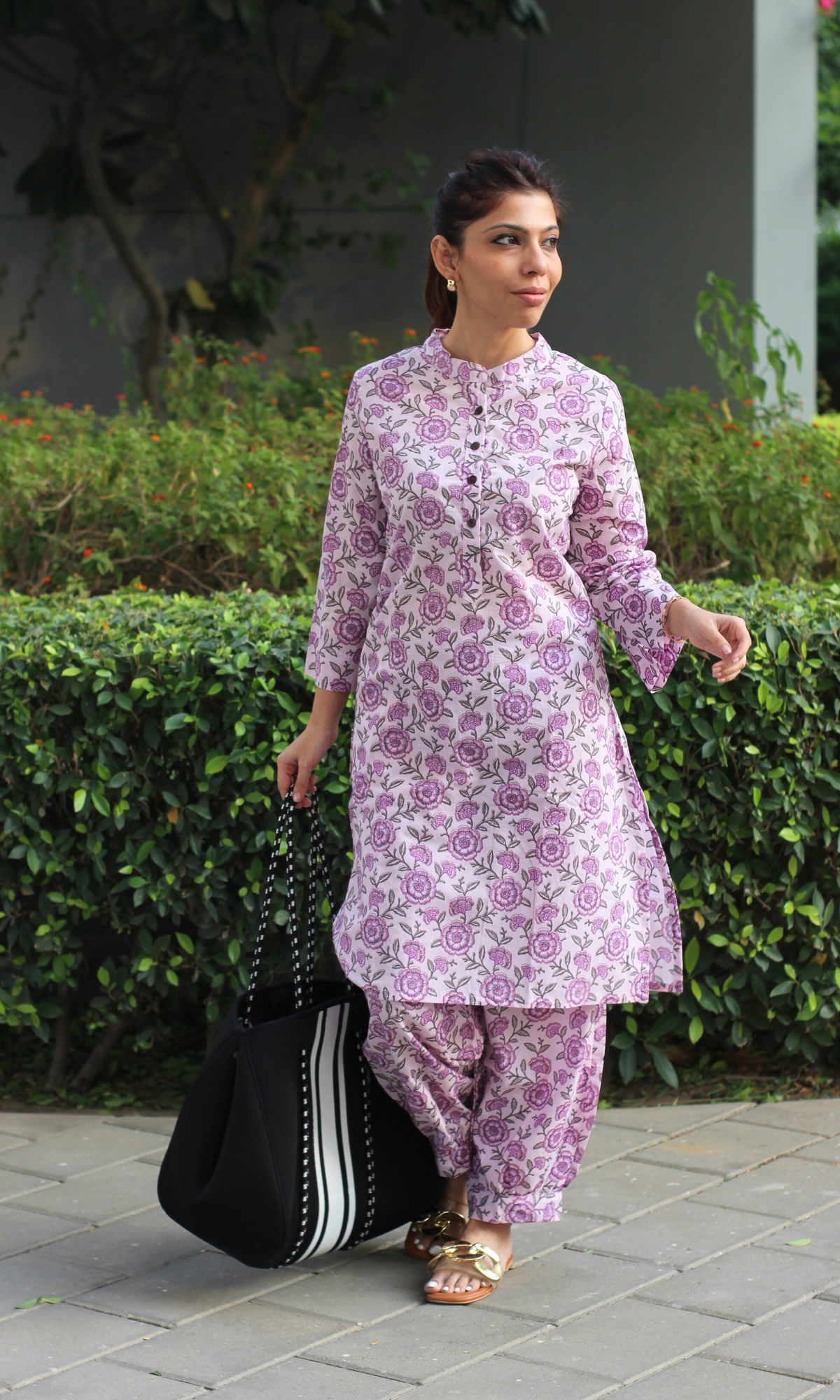 Cotton Pink & Purple Printed Buttoned Kurta with Pathani Pants