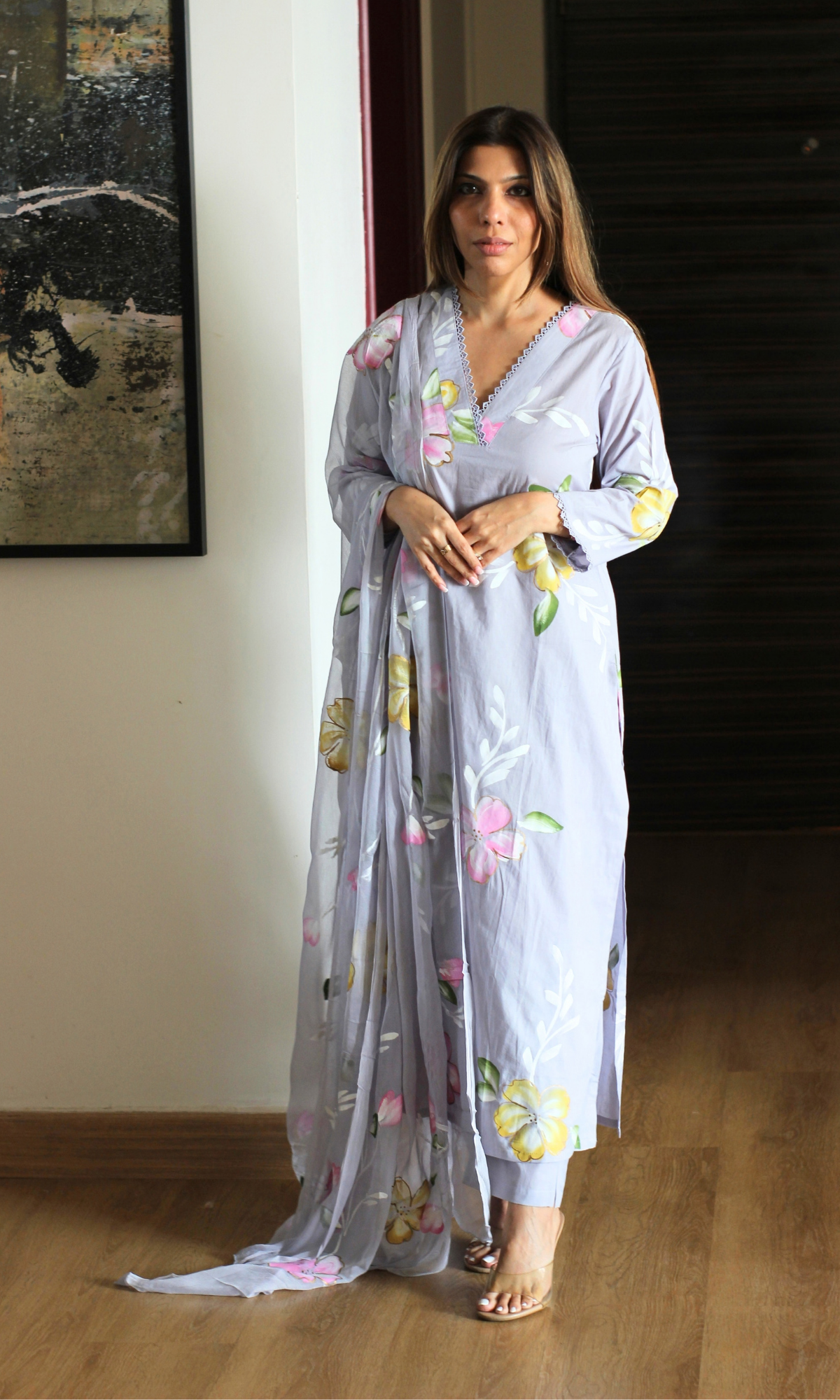 Lavender Mist Handbrush Painted Kurta, Pant & Chiffon Handpainted Dupatta
