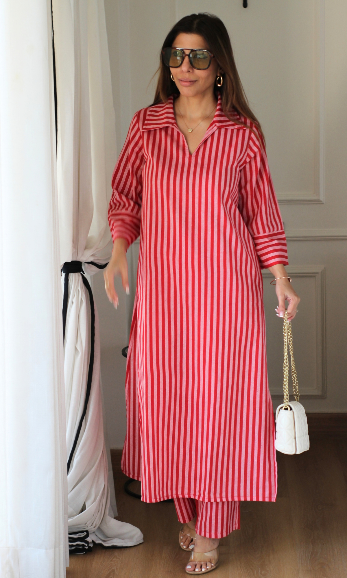 Red & Pink Striped Collared Handloom Cotton Coord