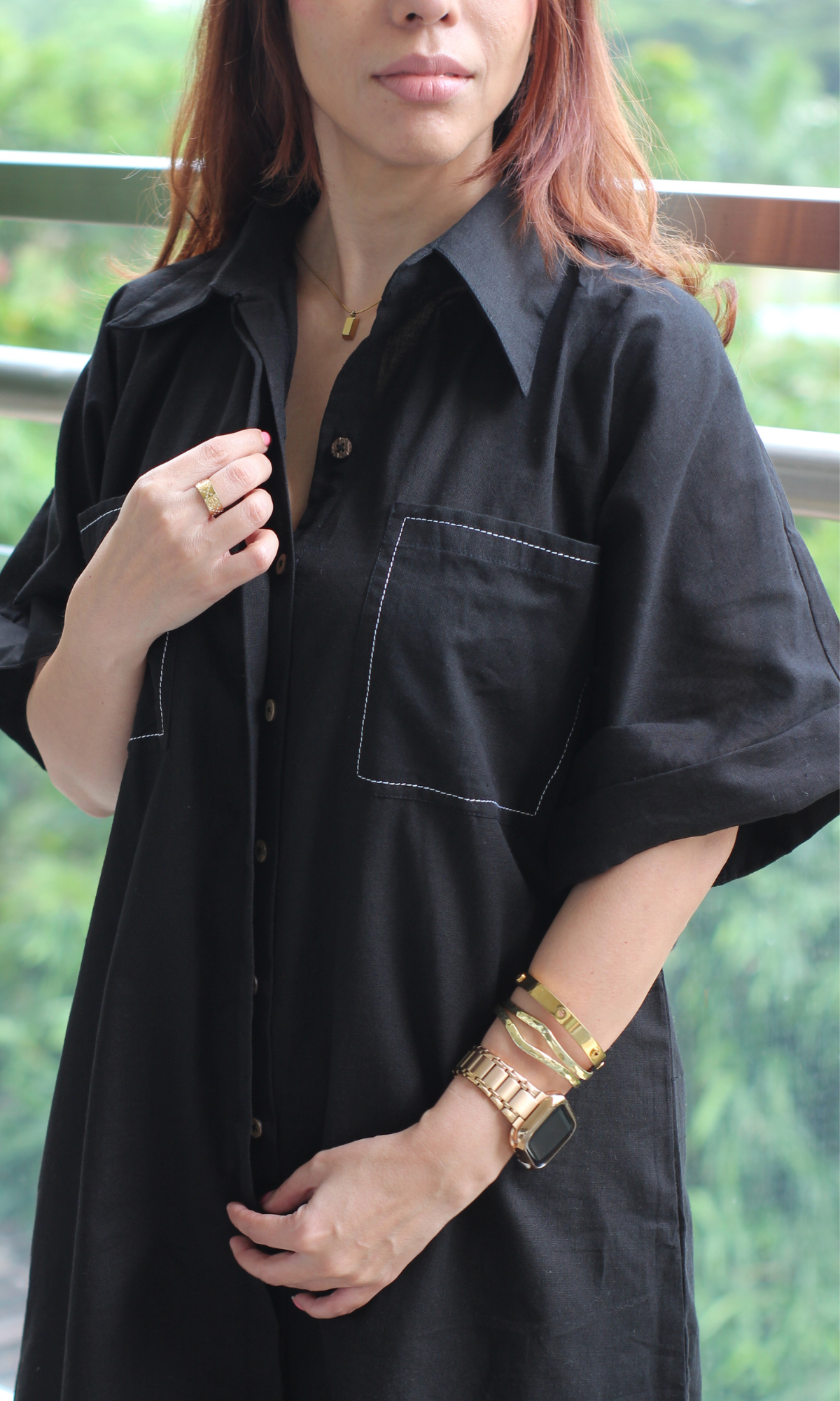 Black Contrast Thread Shirt Style Cotton Flex Co-ord