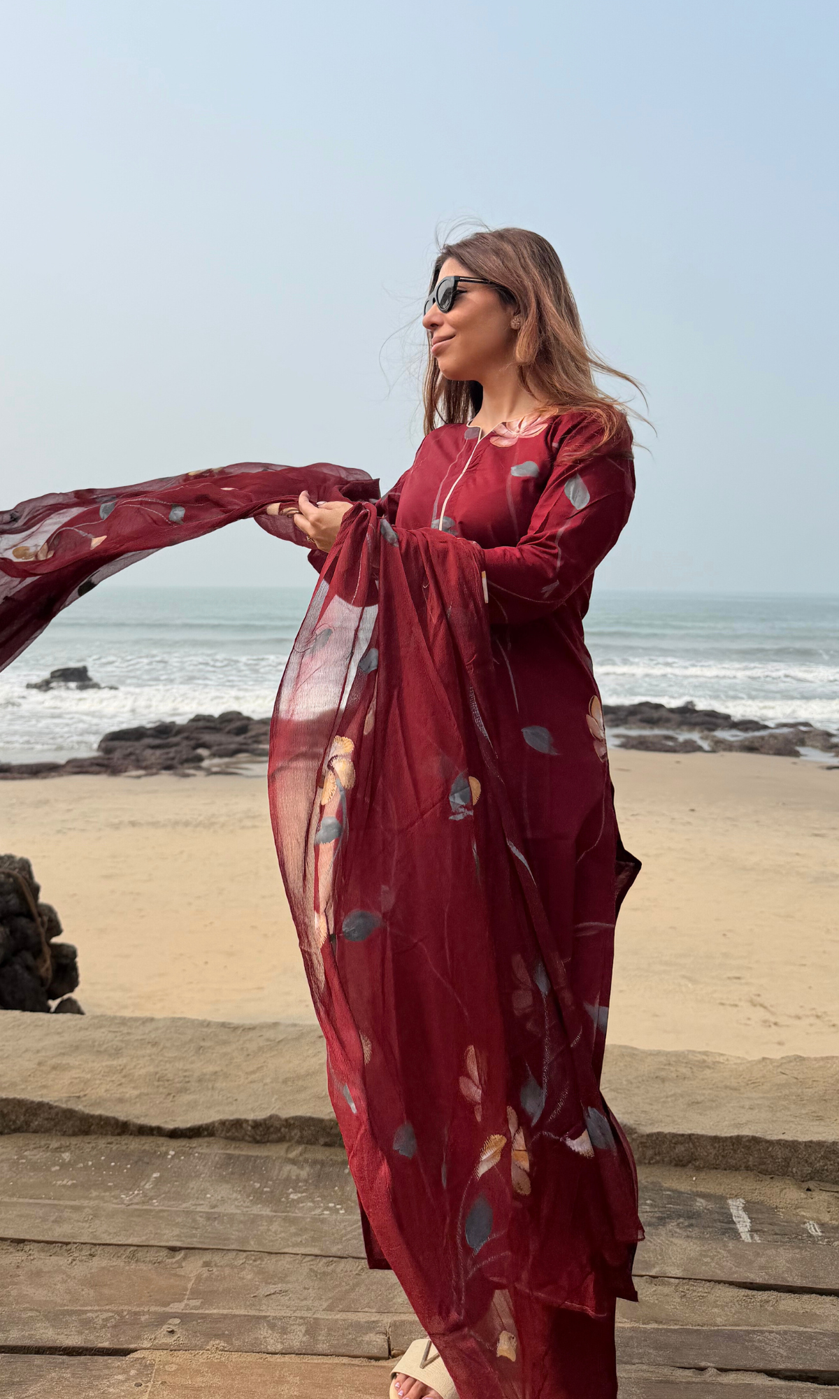 Maroon Zohra Handbrush Painted Kurta, Cotton Pants & Chiffon Handpainted Dupatta
