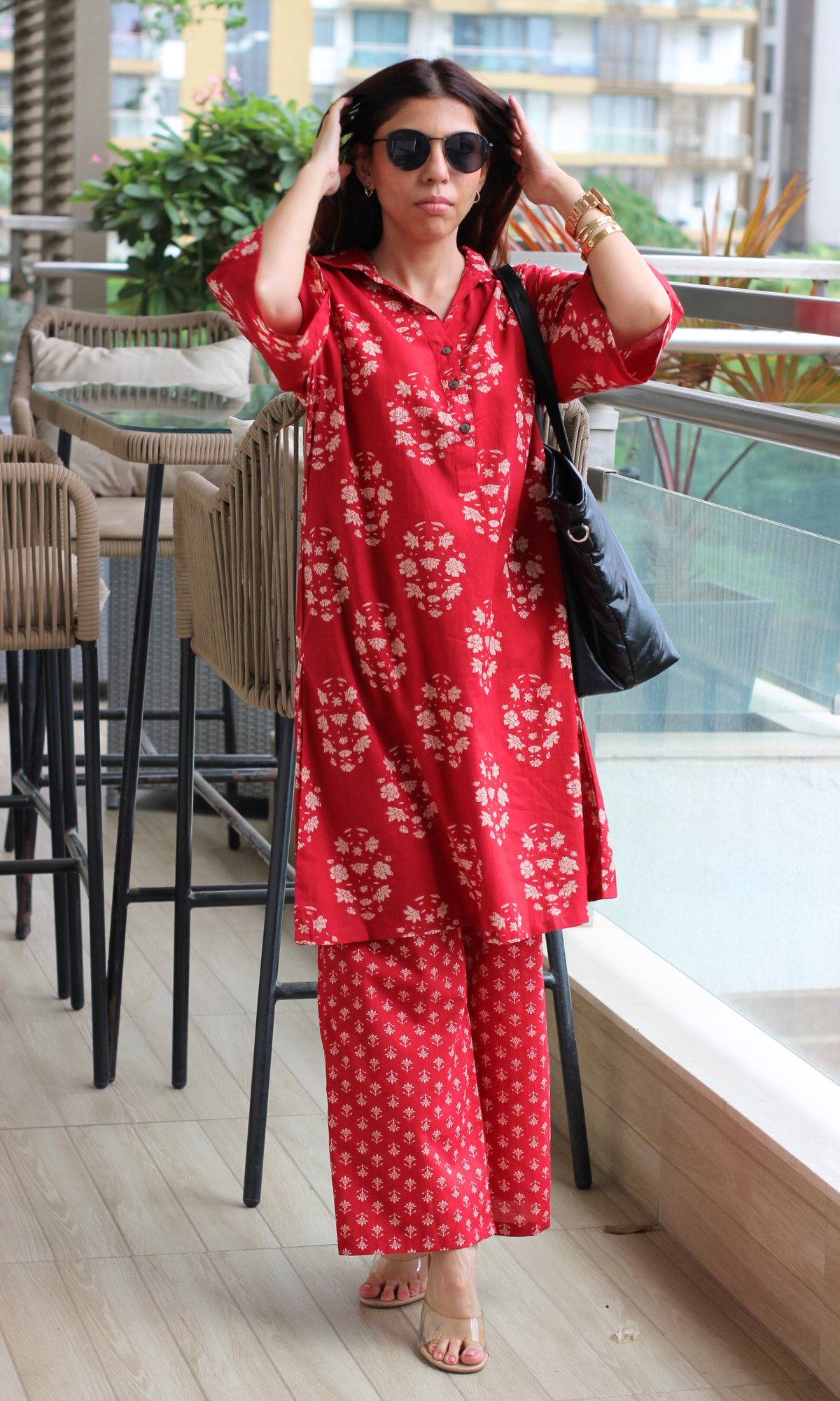 Red Bloom Collard Anti Fit Cotton Co-ord