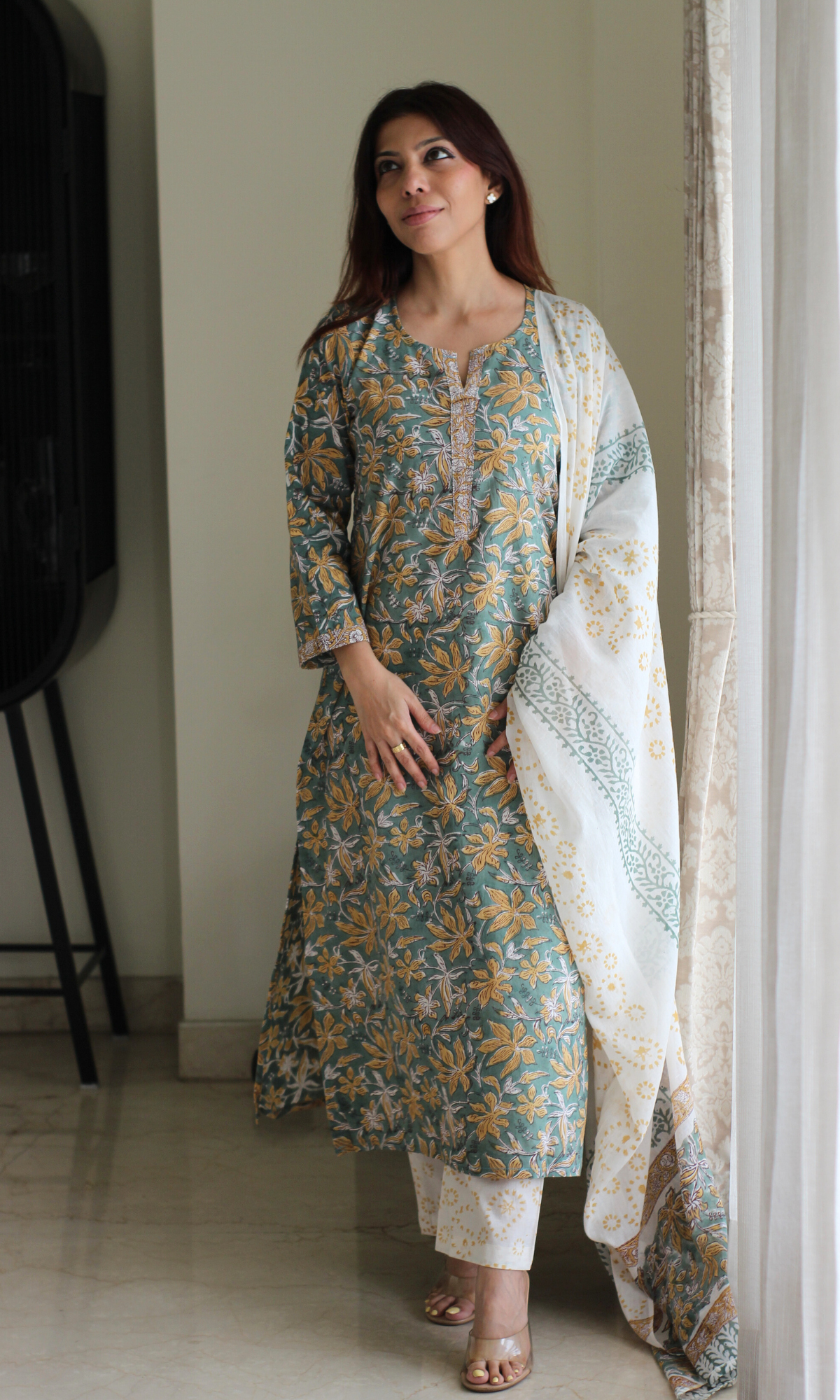 Cotton Bamboo Green Handblock Print Kurta, Pant and Mul Dupatta