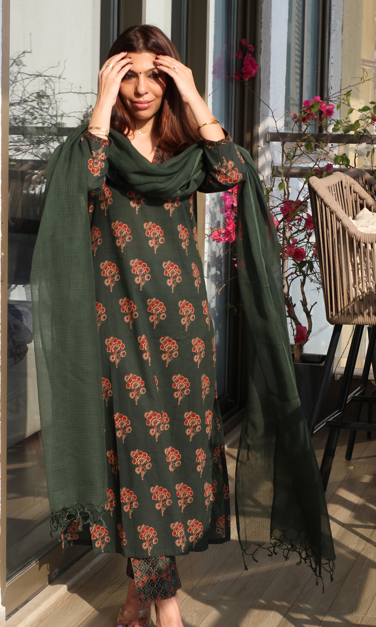 Ajrakh Boota Green & Red Cotton Kurta , Pant & Kota Doria Dupatta