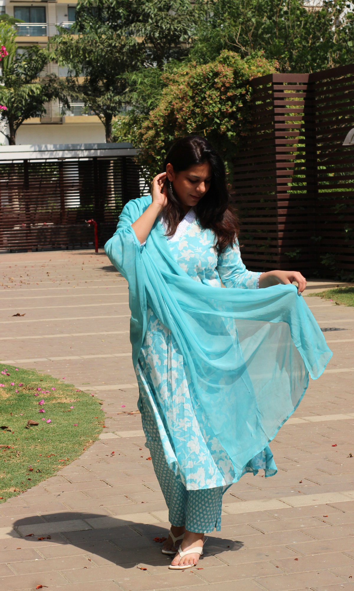 Cotton Blue Botanika Printed Suit with Chiffon Dupatta
