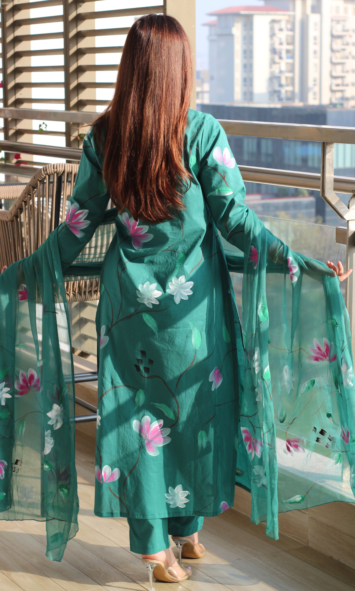 Cotton Emerald Teal Handbrush Painted Suit with Chiffon Handpainted Dupatta