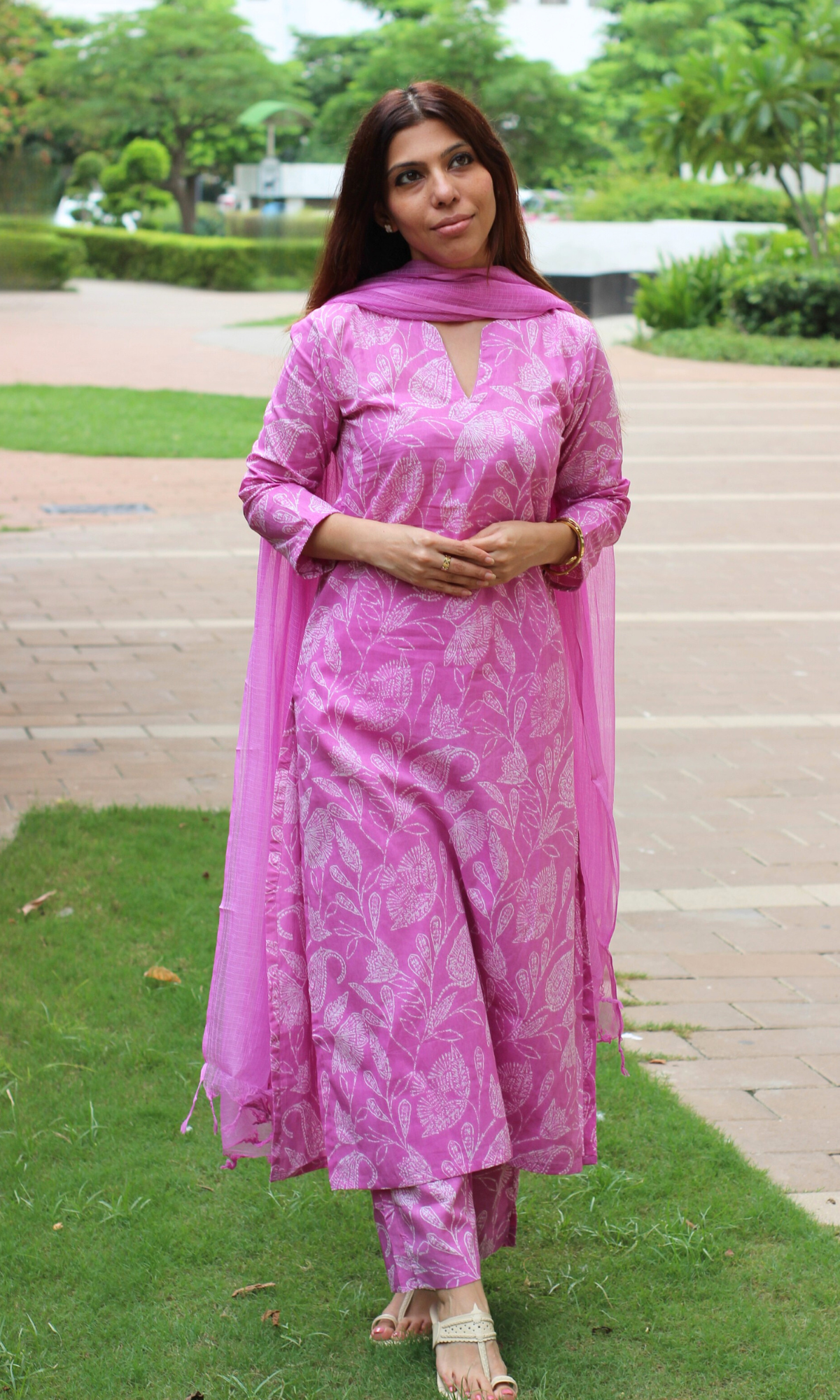 Pink Paisley Printed Cotton Kurta, Pant & Kota Doria Dupatta