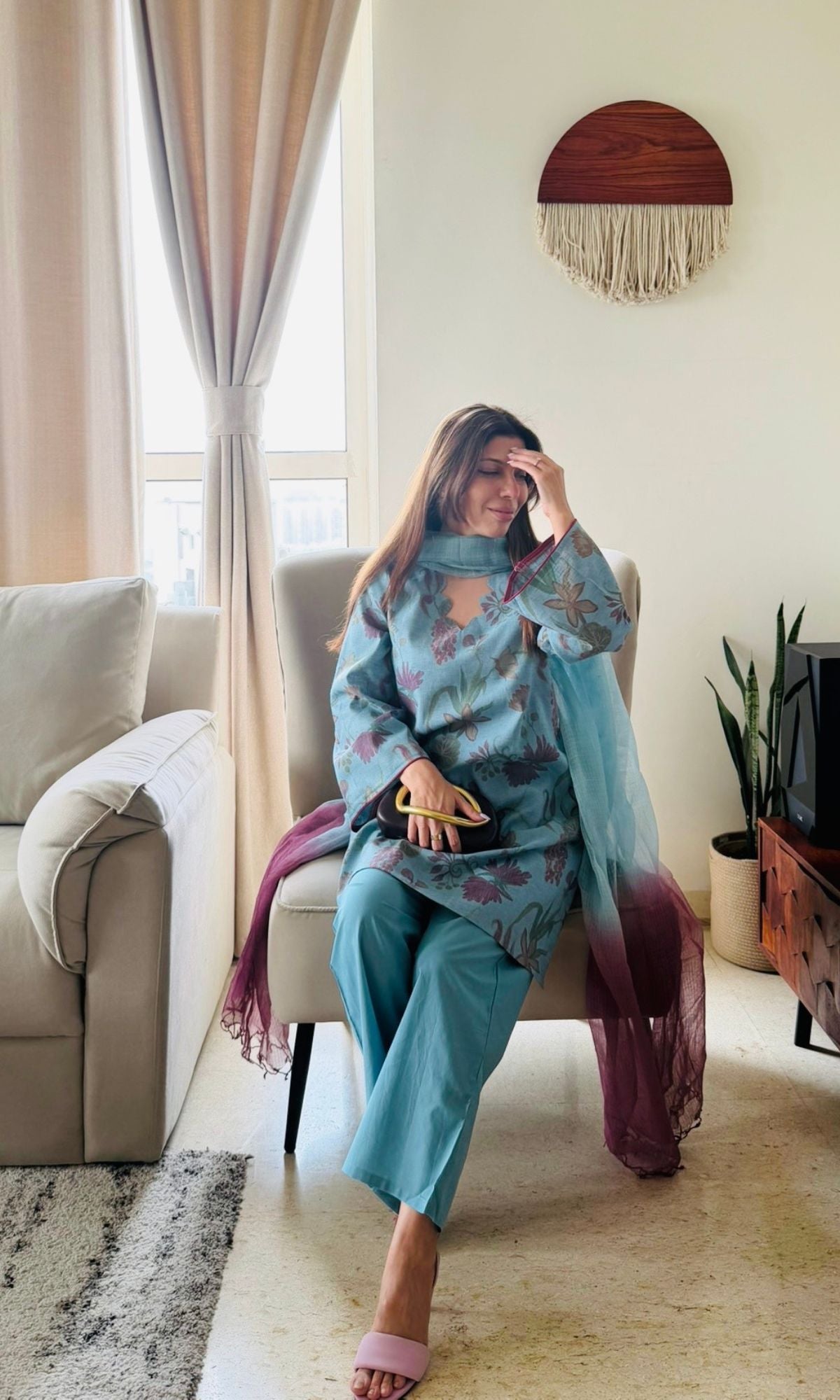 Bluebell Bloom Linen Blend Kurta, Cotton Pants & Kota doria Ombré Dupatta