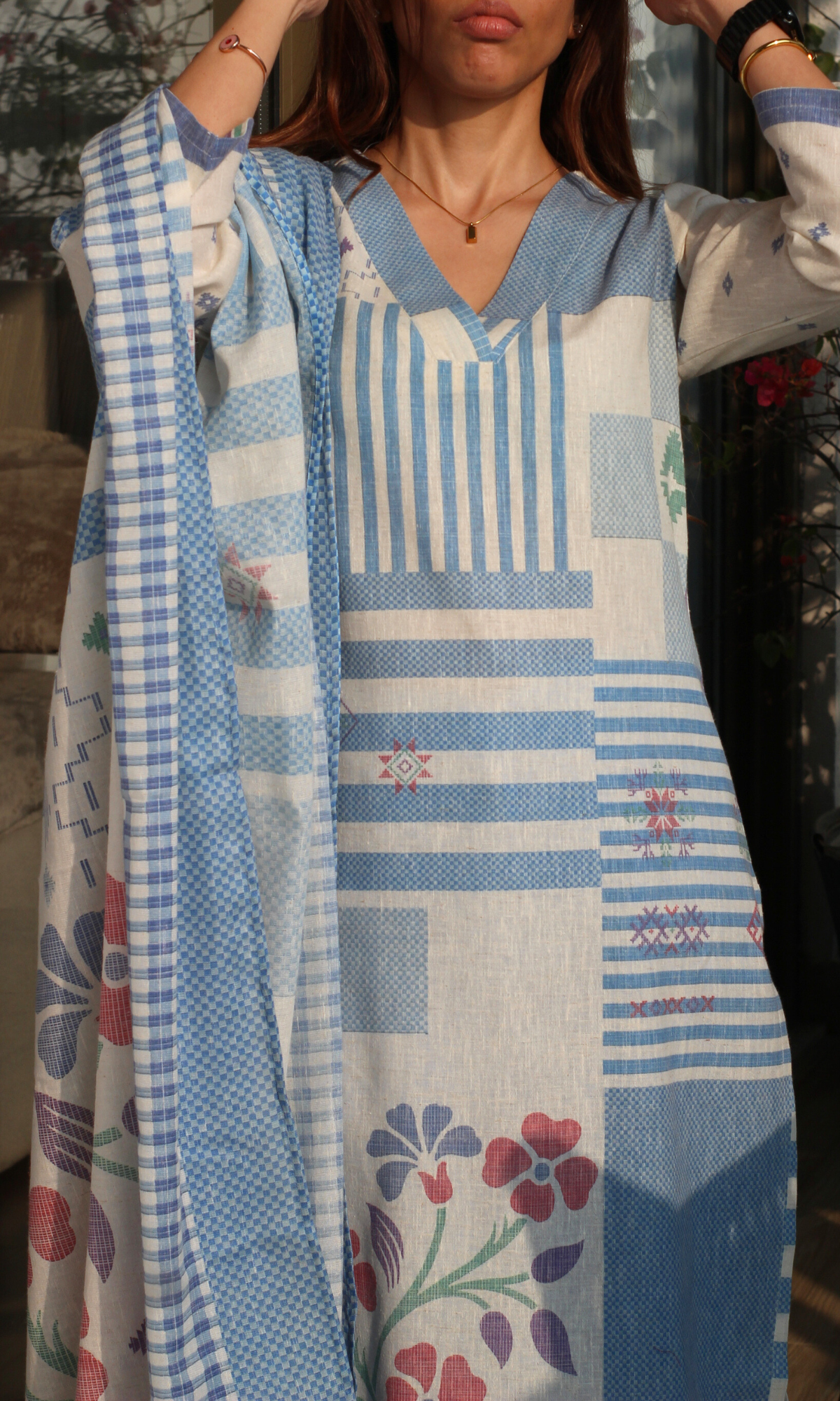 Linen Blend Blue Sukoon Printed Kurta, Dupatta & Cotton Pants