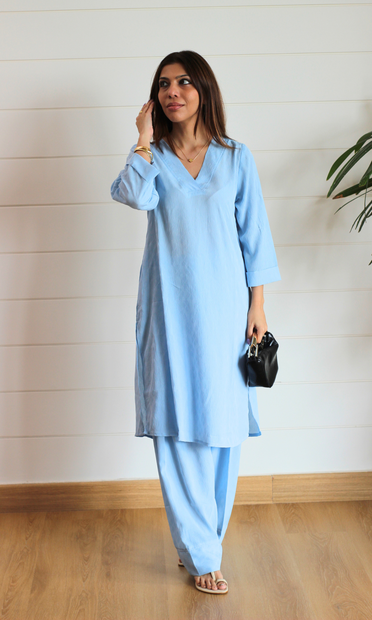 Ice Blue Textured Kurta with Farshi Salwaar