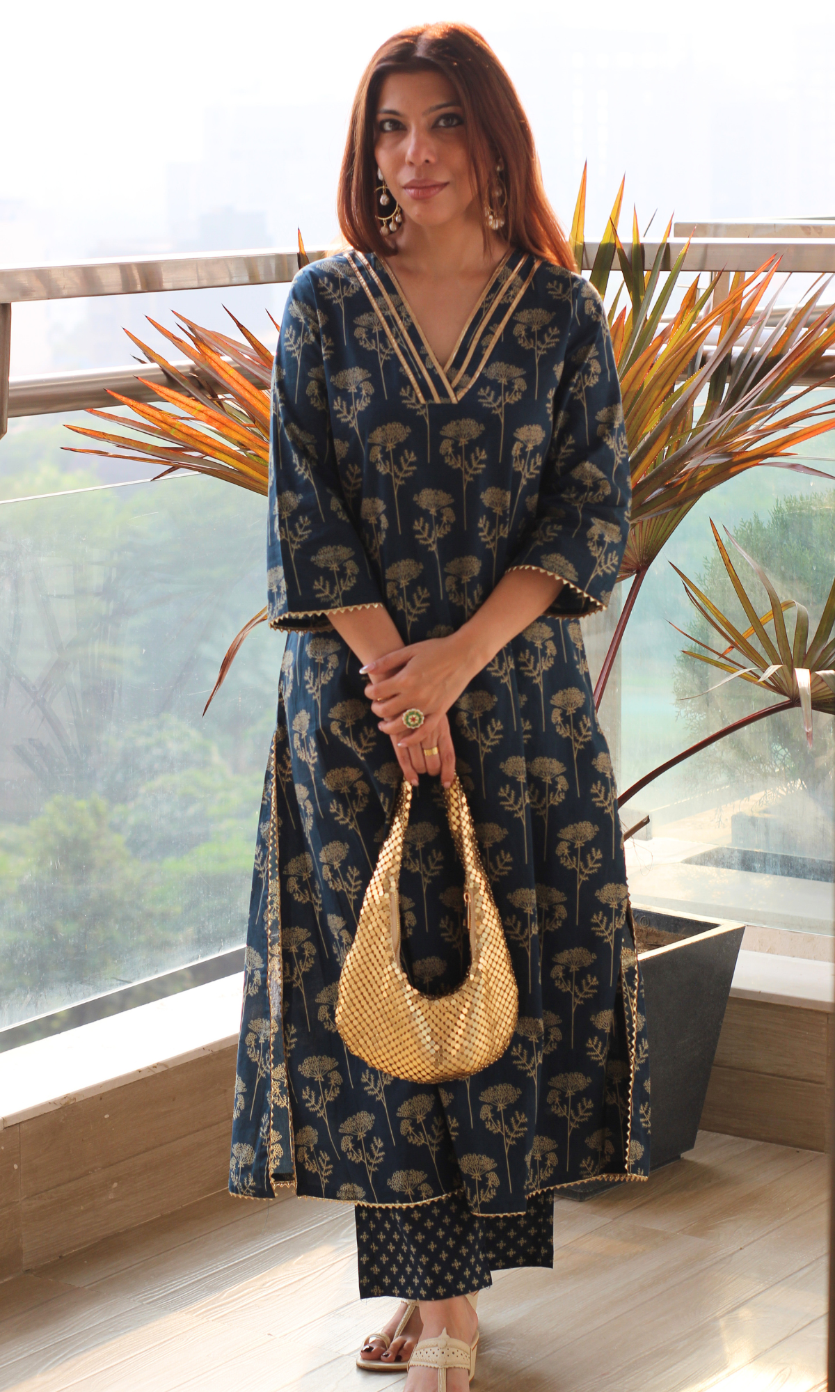 Cotton Peacock Teal & Gold Mughal Print Kurta & Pant