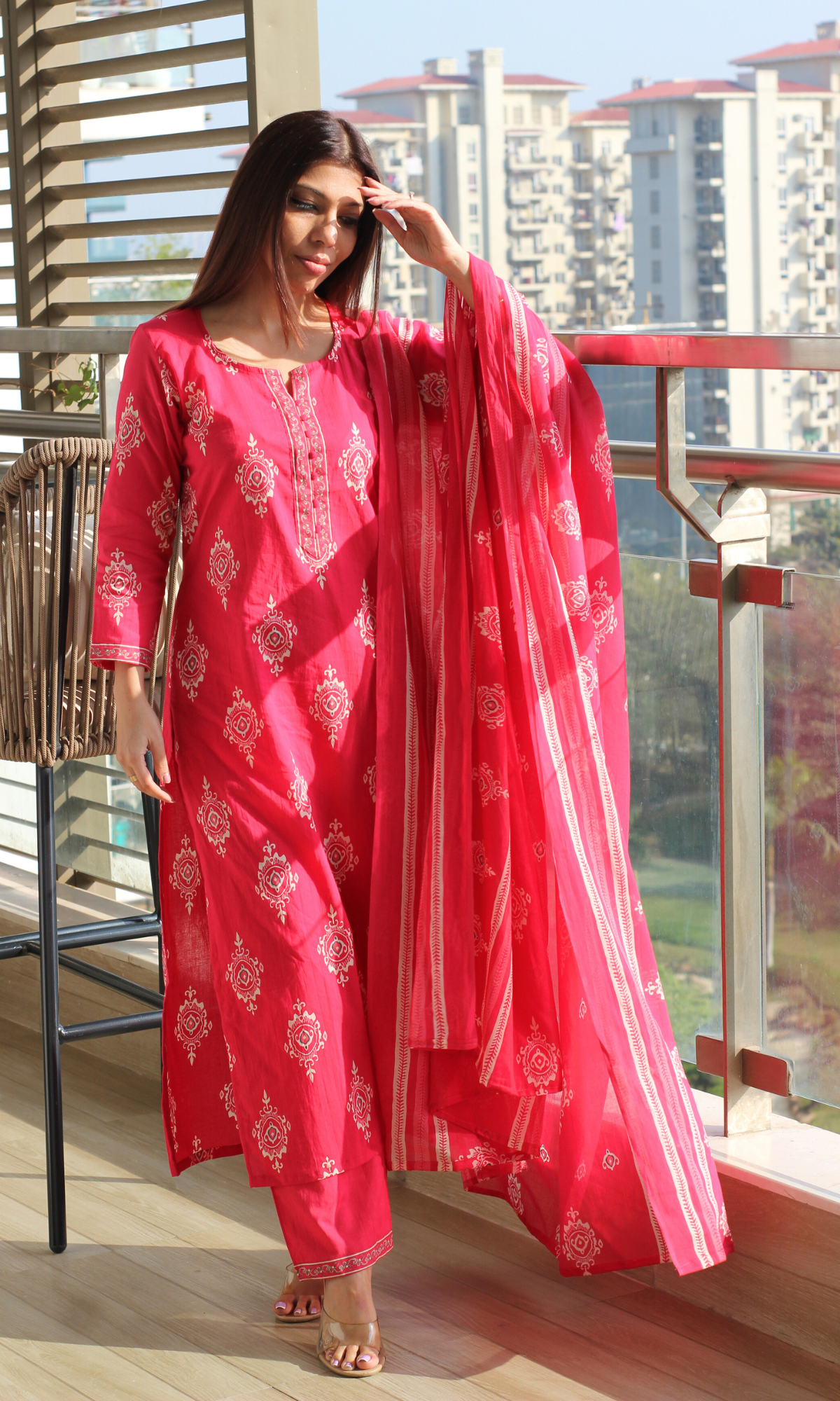 Hot Pink Boota Print Cotton Kurta , Pant & Printed Dupatta