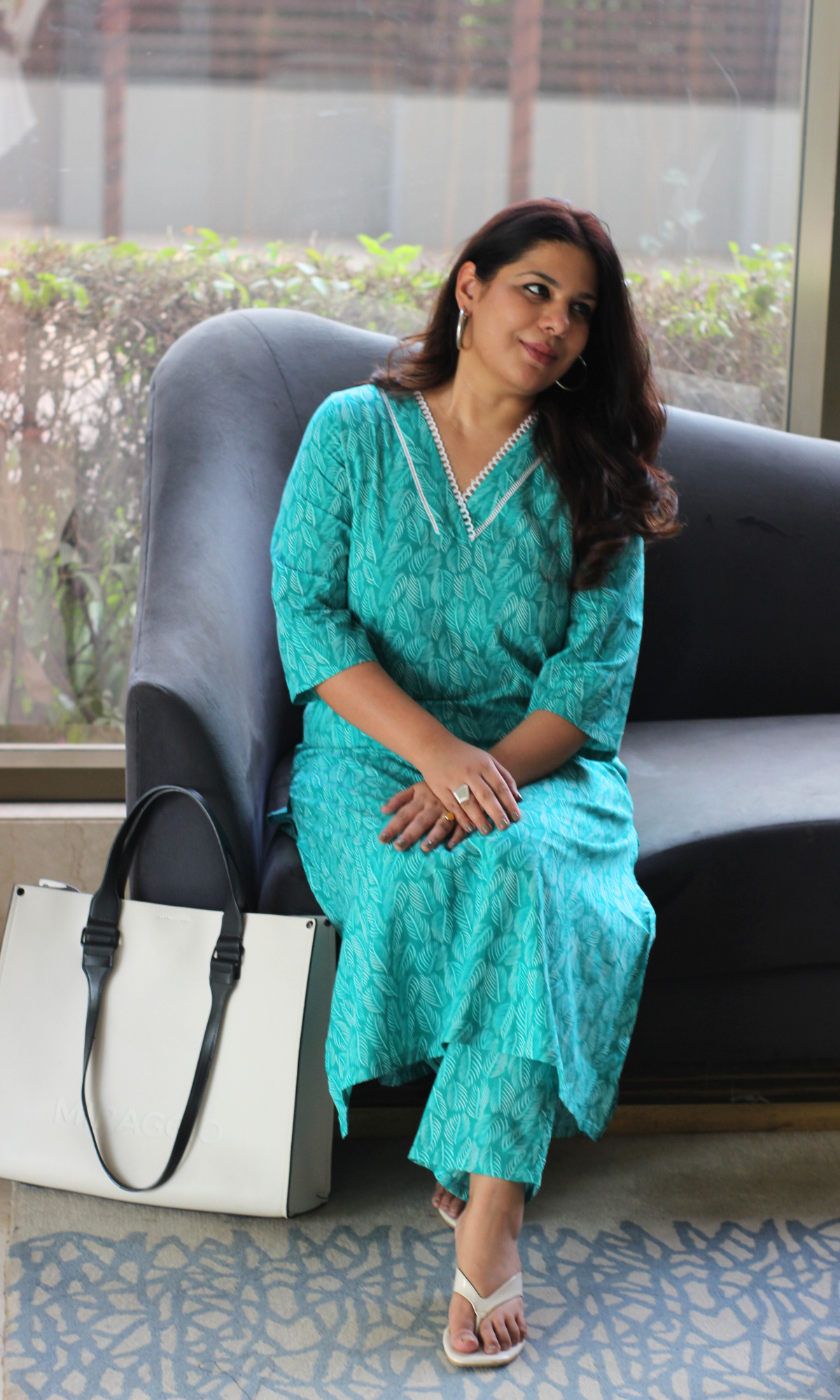 Cotton Tropical Teal Laced Kurta & Pant Co-ord