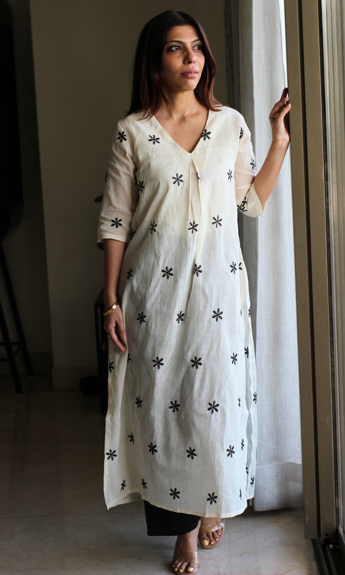 Kora Black Flowers Embroidered Pleated Kurta & Pants