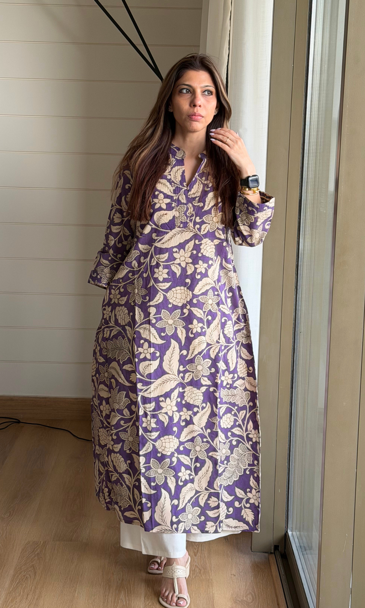 Cotton Purple & Beige Handblock Kalamkari Kali Kurta