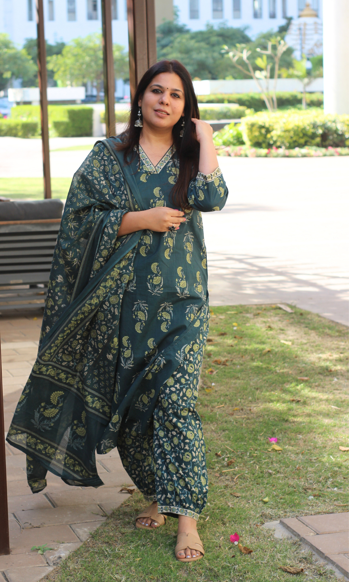 Cotton Green Lime Mughal Print kurta with Afghani Pant & Cotton Printed Dupatta