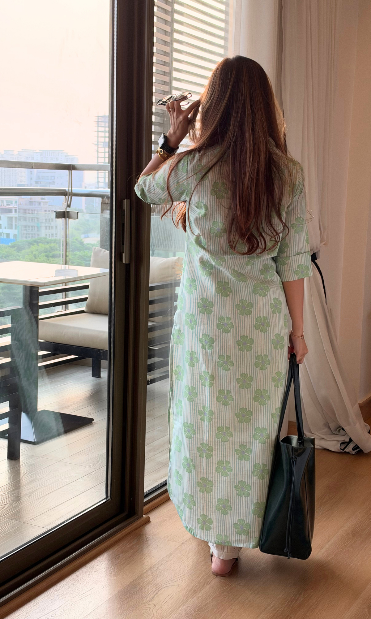 Green Striped Floral Linen Blend Kurta & Pleated Pants