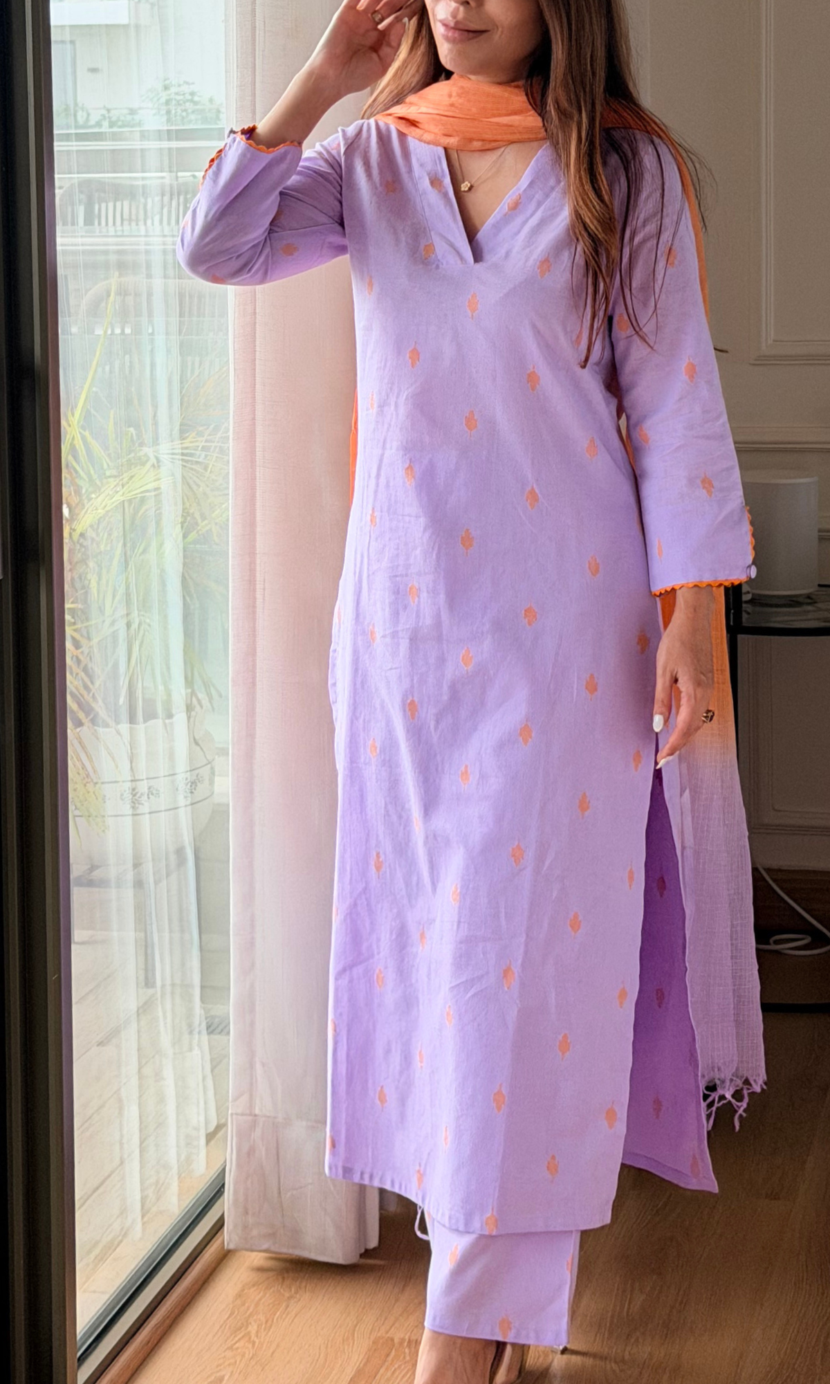 Lavender & Orange Cotton Dobby Kurta, Pant & Kota Doria Dupatta