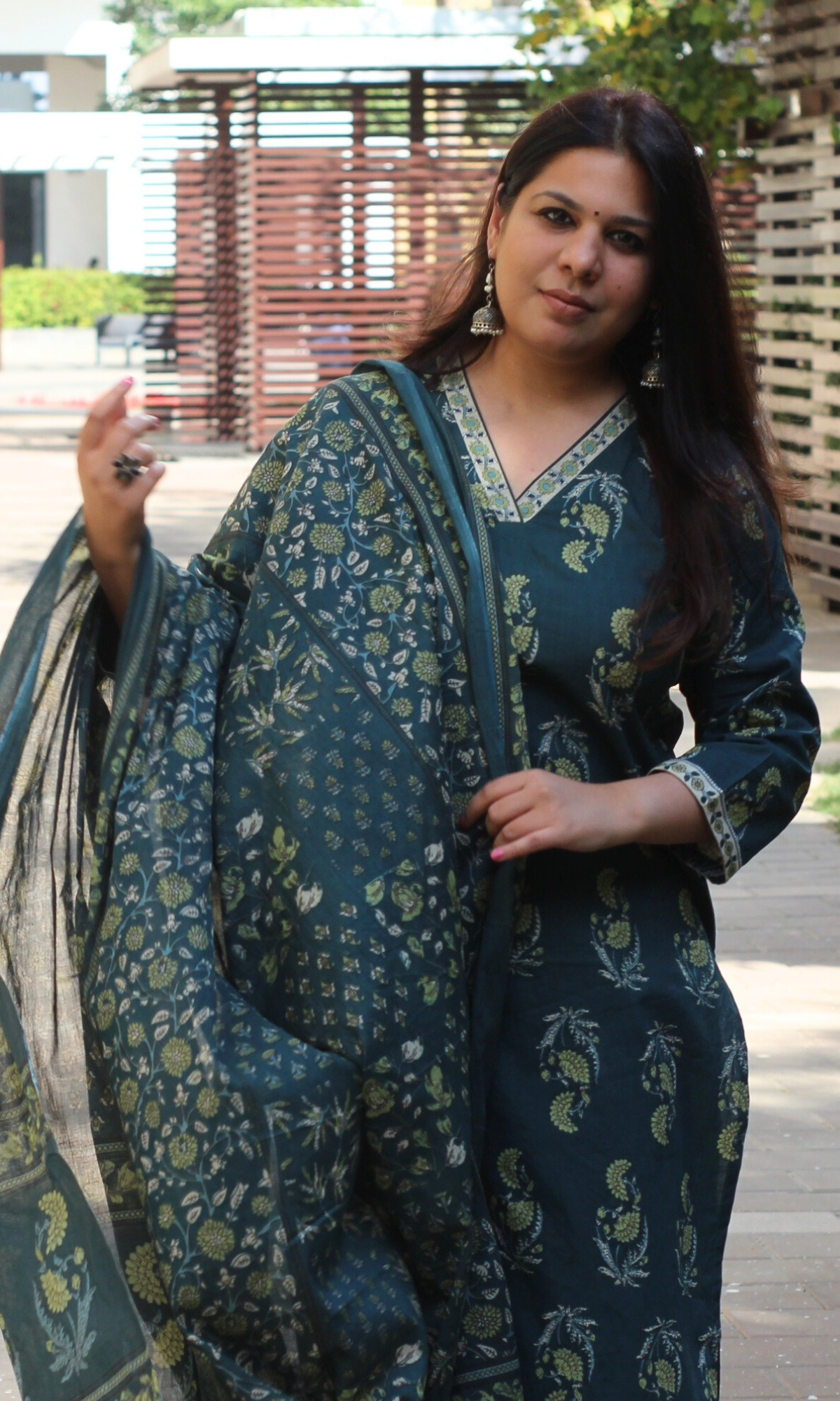 Cotton Green Lime Mughal Print kurta with Afghani Pant & Cotton Printed Dupatta
