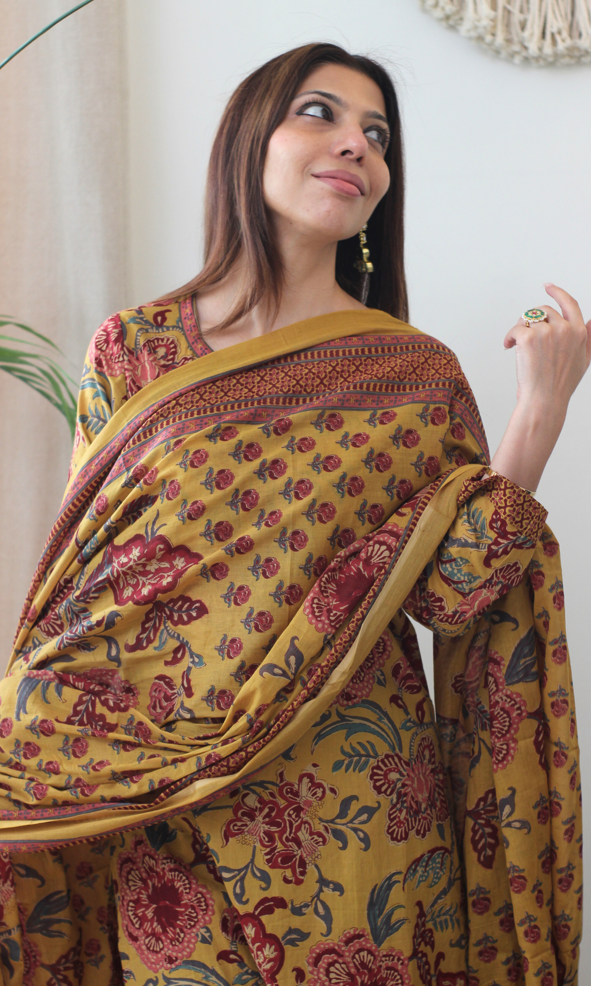 Cotton Mustard & Maroon Printed Kurta, Pant & Cotton Dupatta