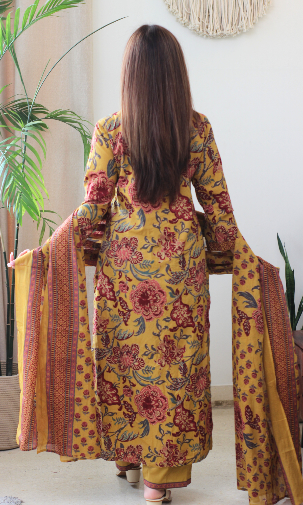 Cotton Mustard & Maroon Printed Kurta, Pant & Cotton Dupatta