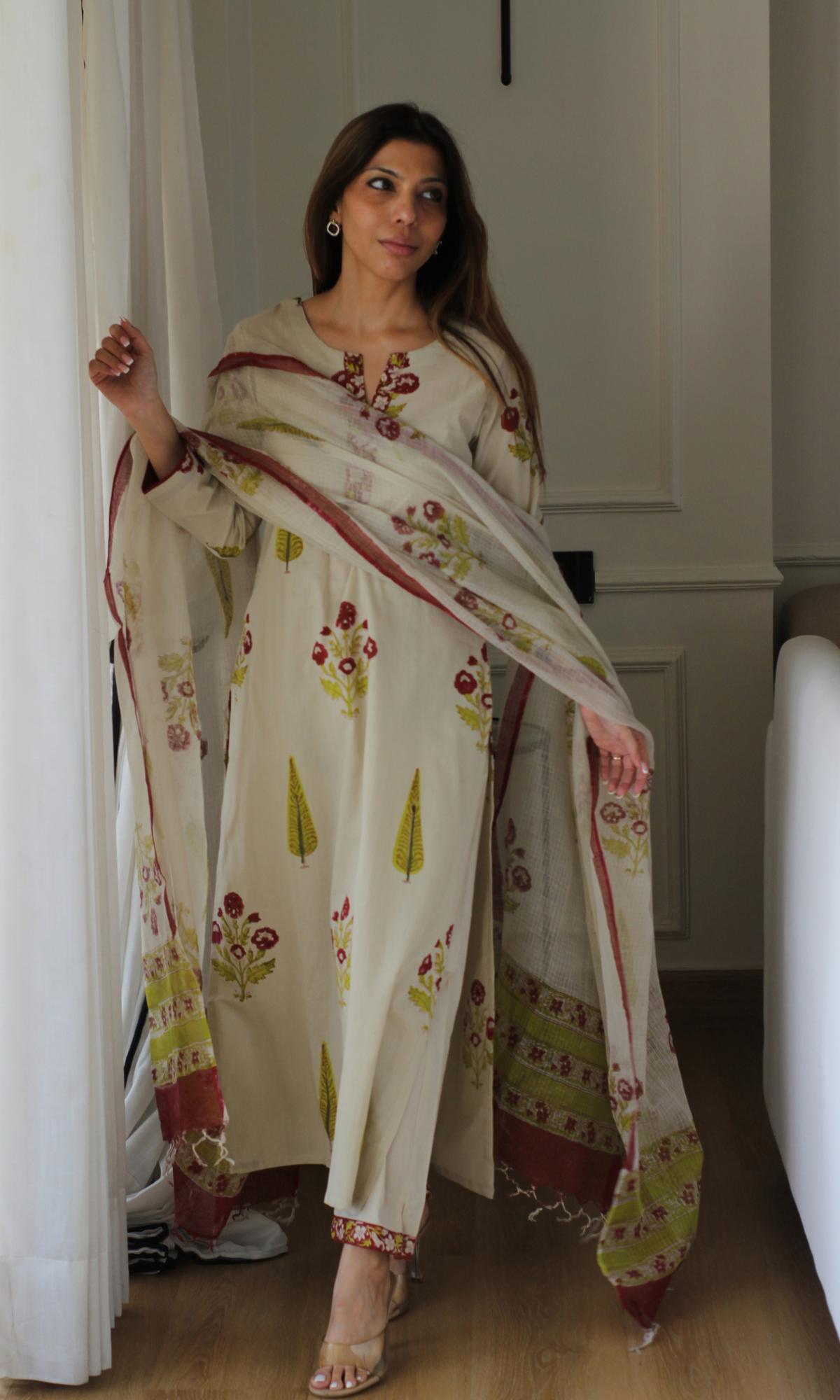 Saira Floracent Handblock Print Kurta, Cotton Pants & Kota Doria Handblock Dupatta