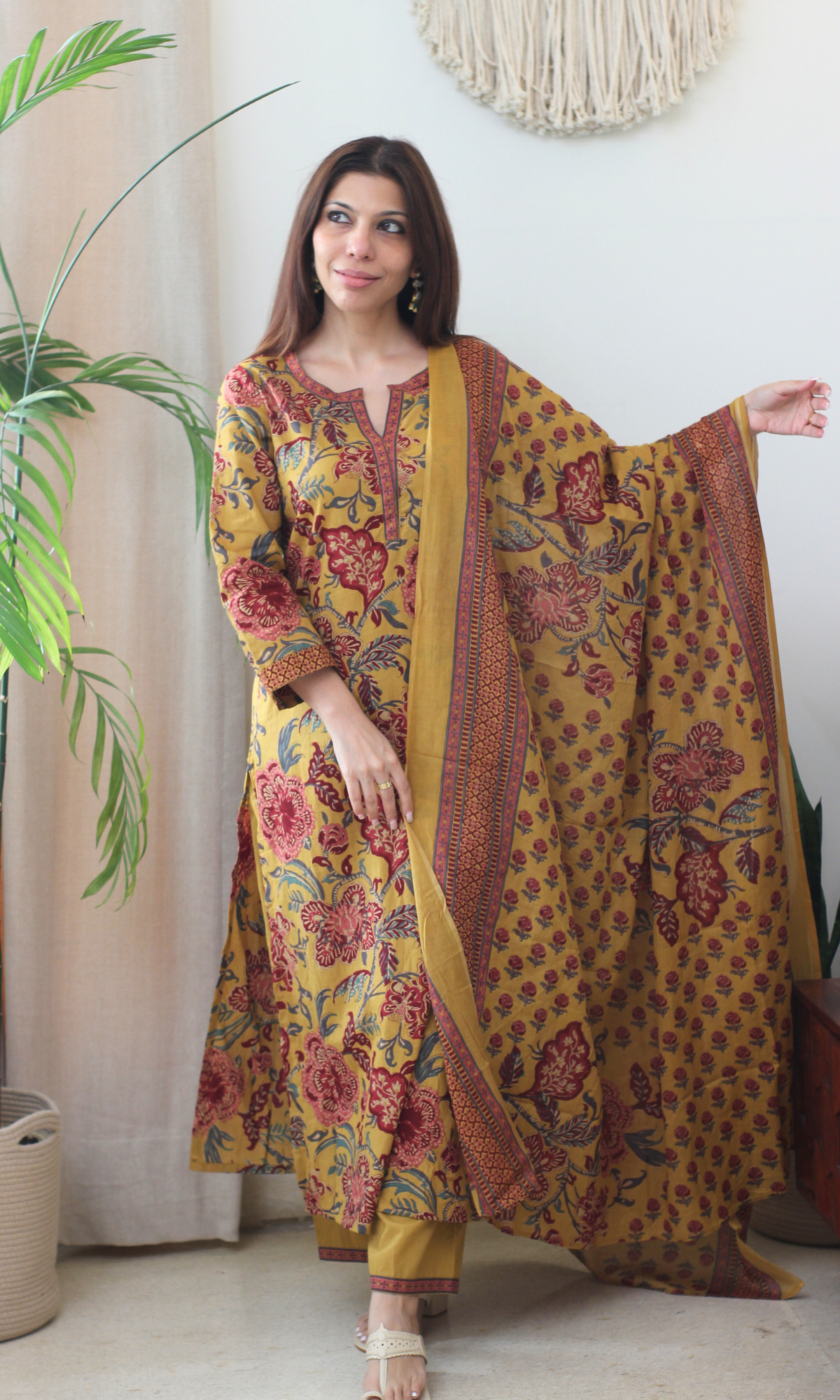 Cotton Mustard & Maroon Printed Kurta, Pant & Cotton Dupatta