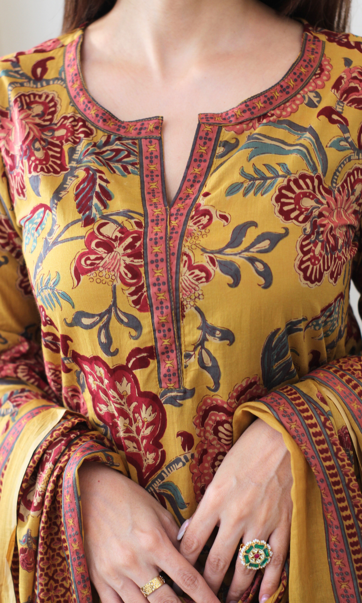 Cotton Mustard & Maroon Printed Kurta, Pant & Cotton Dupatta