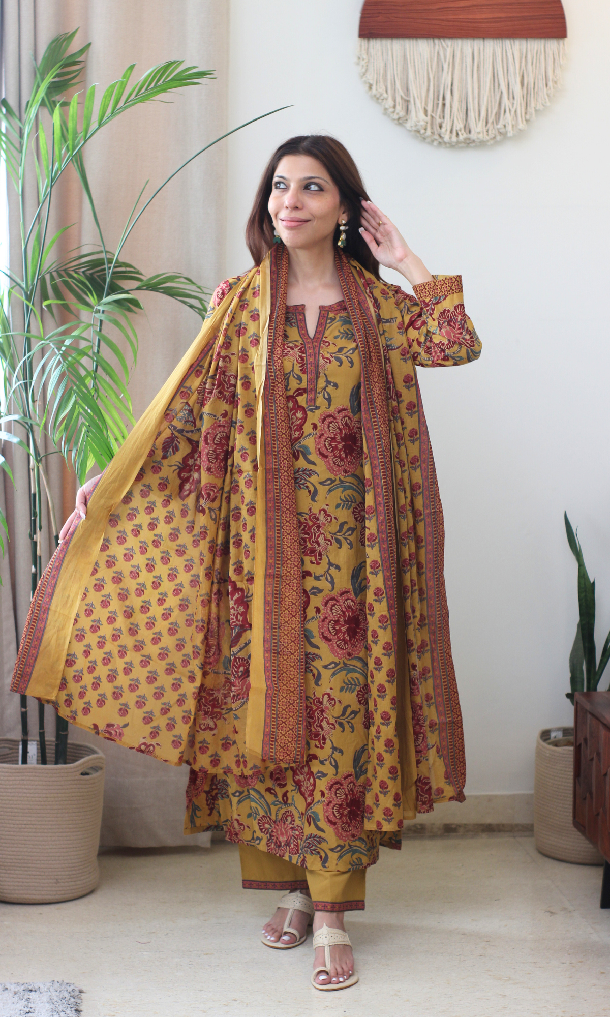 Cotton Mustard & Maroon Printed Kurta, Pant & Cotton Dupatta