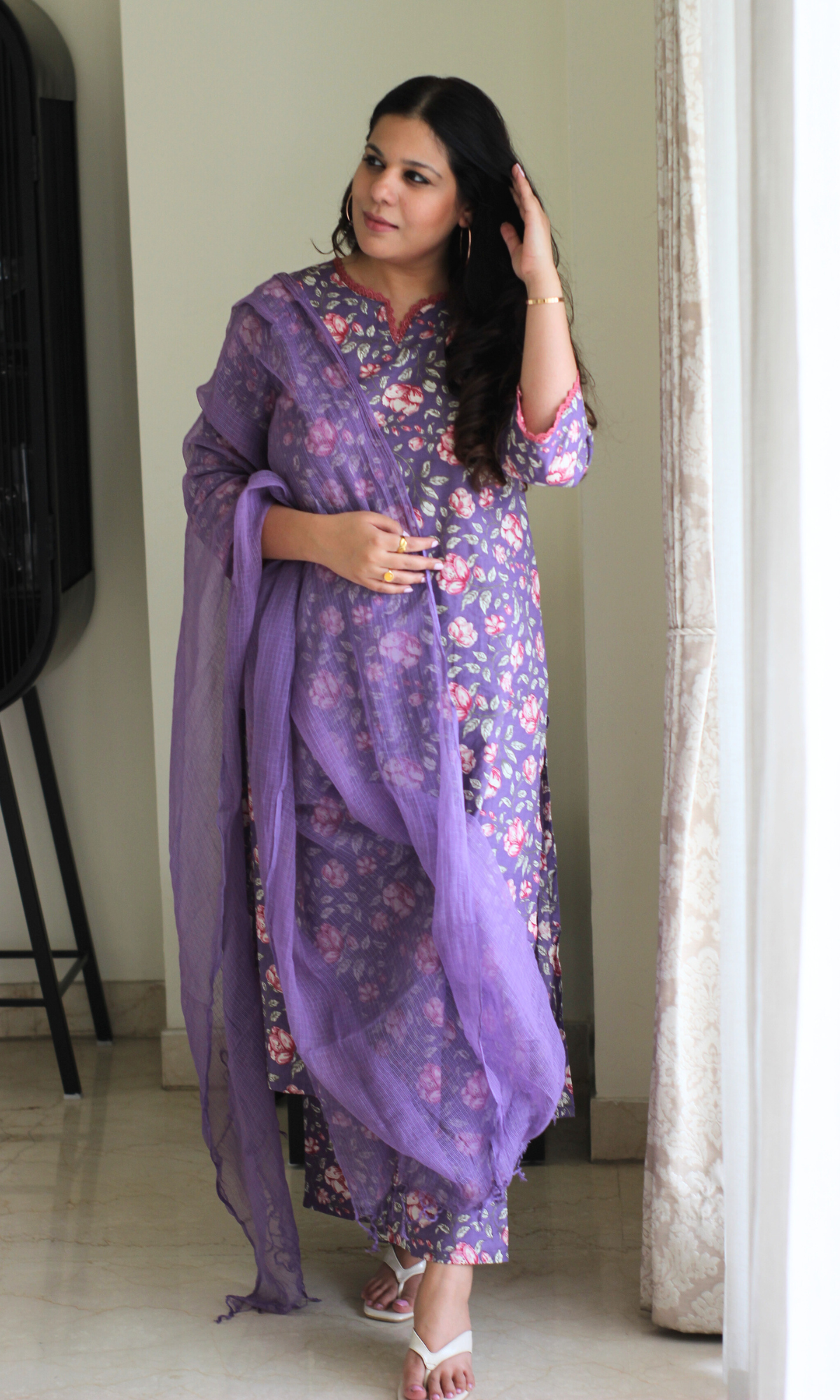 Purple Printed Laced Kurta, Pant with Kota Doria Dupatta